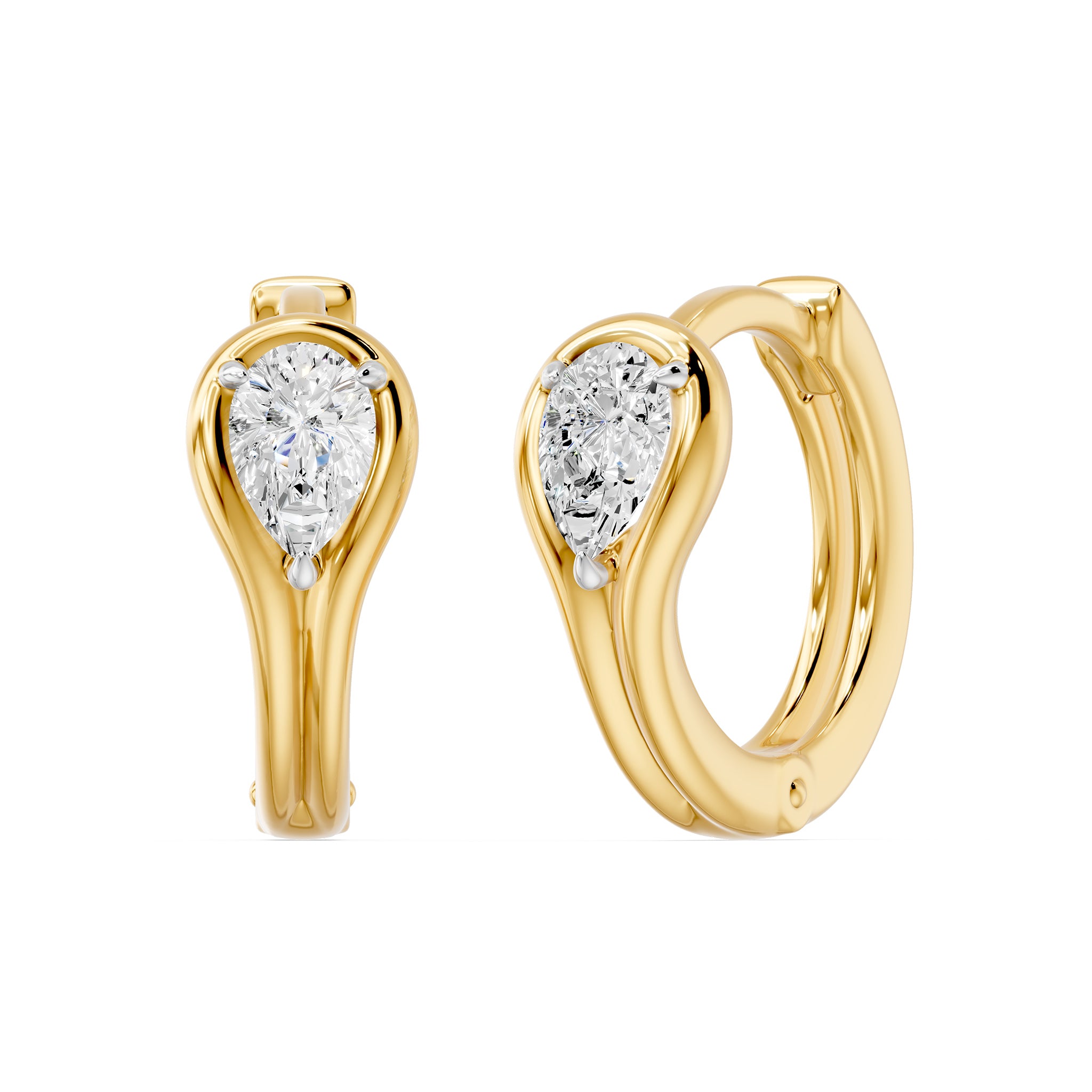 Bezel Pear Huggie Earrings, lab-grown diamonds, 14K yellow gold, front view