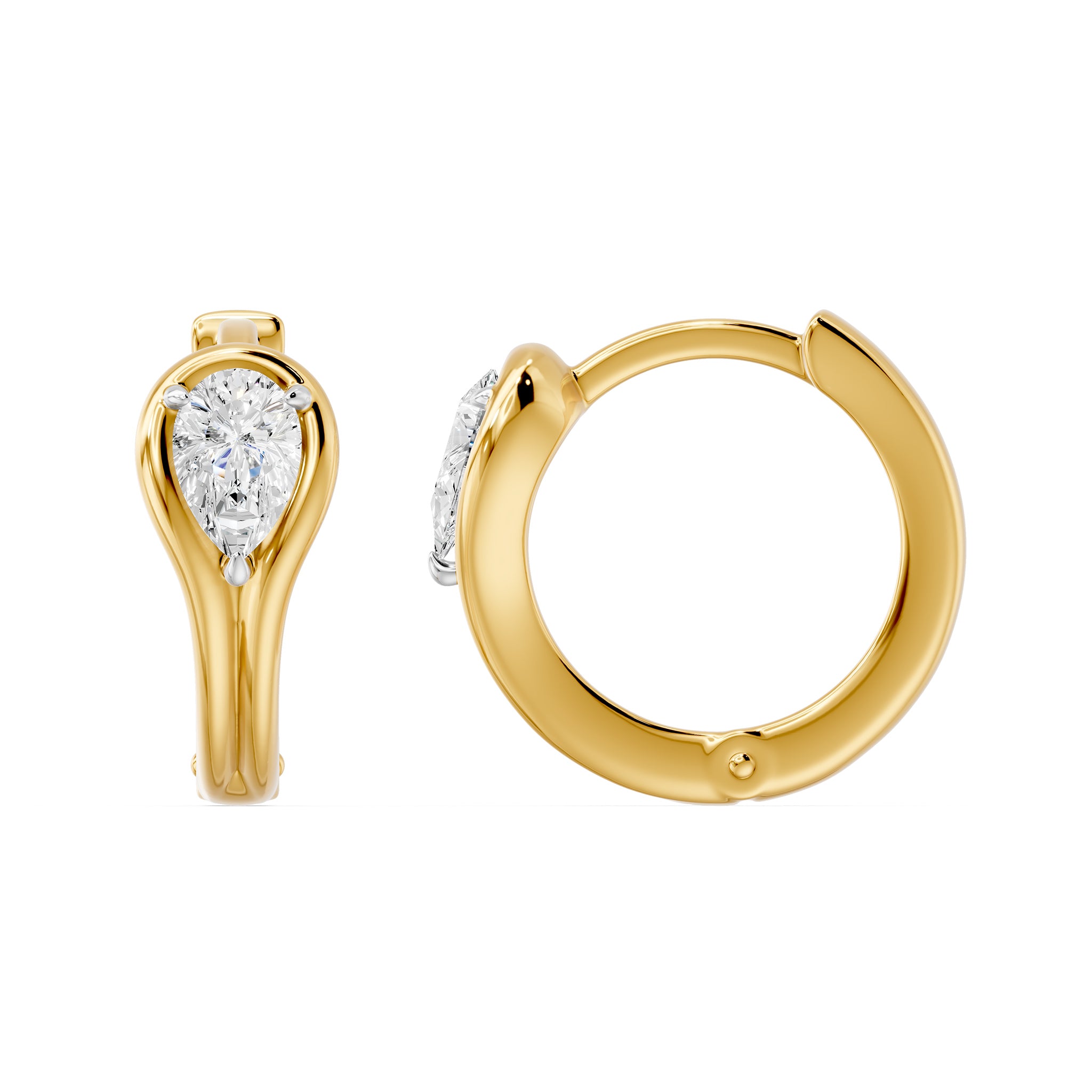 Bezel Pear Huggie Earrings, lab-grown diamonds, 14K yellow gold, side view