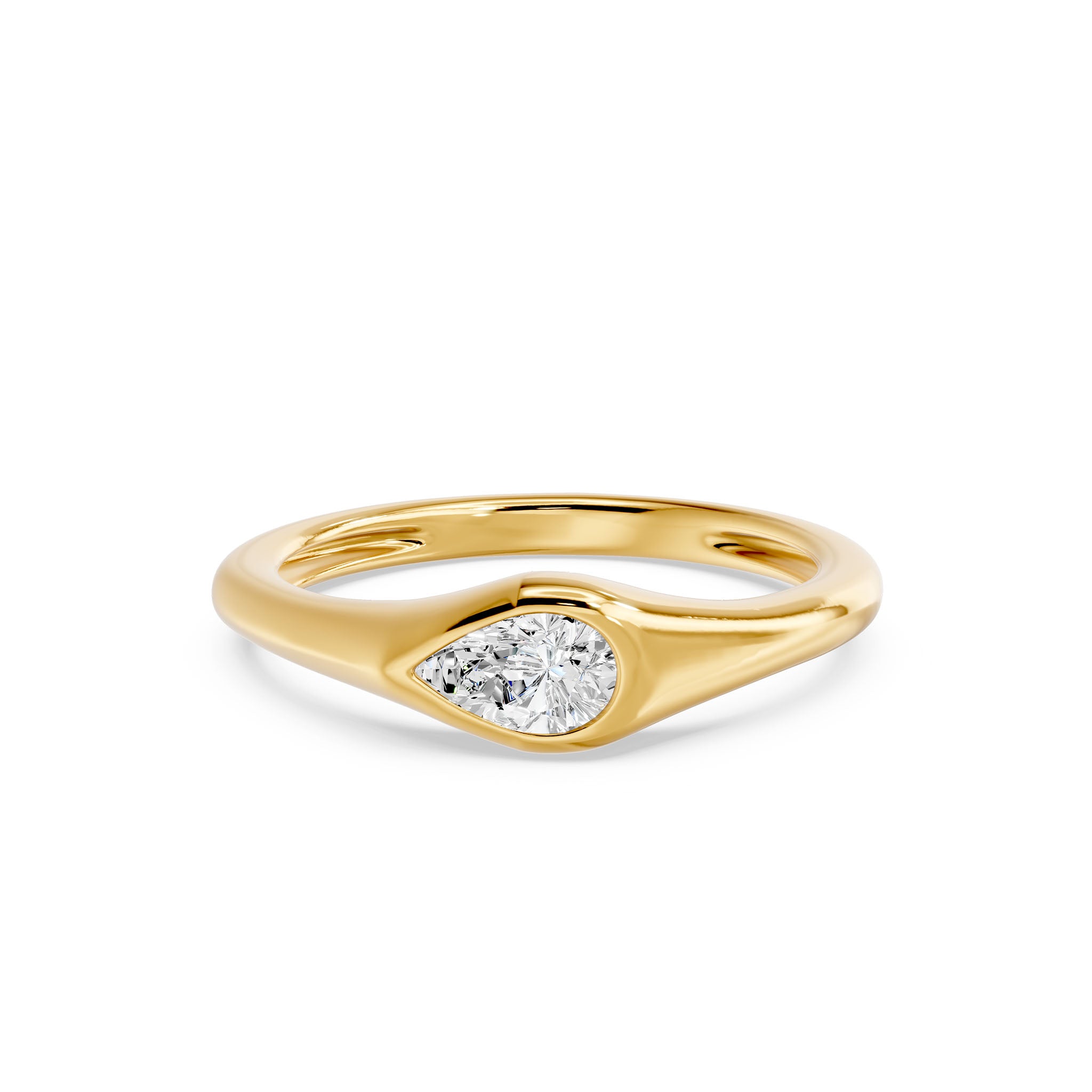 Bezel East West Pear Solitaire Ring, lab-grown diamond, 14K yellow gold, angle view