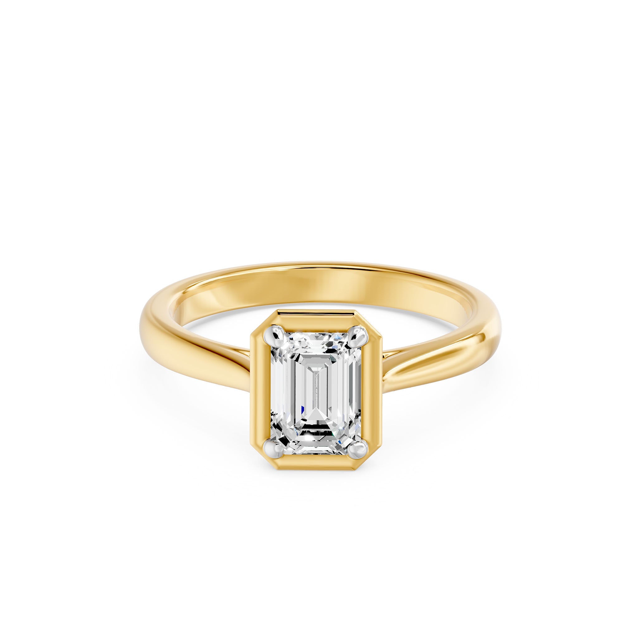 Frame Bezel Emerald Cut Solitaire Ring, lab-grown diamond, 14K yellow gold, angle view