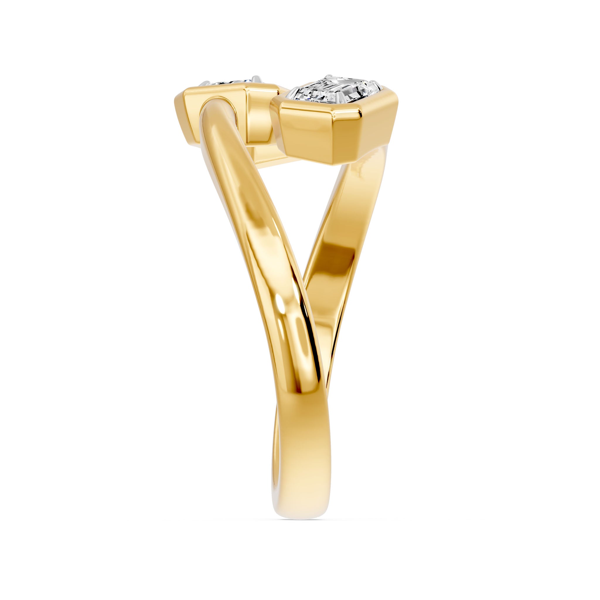 Frame Bezel Emerald Duo Two Stone Ring, lab-grown diamonds, 14K yellow gold, side view