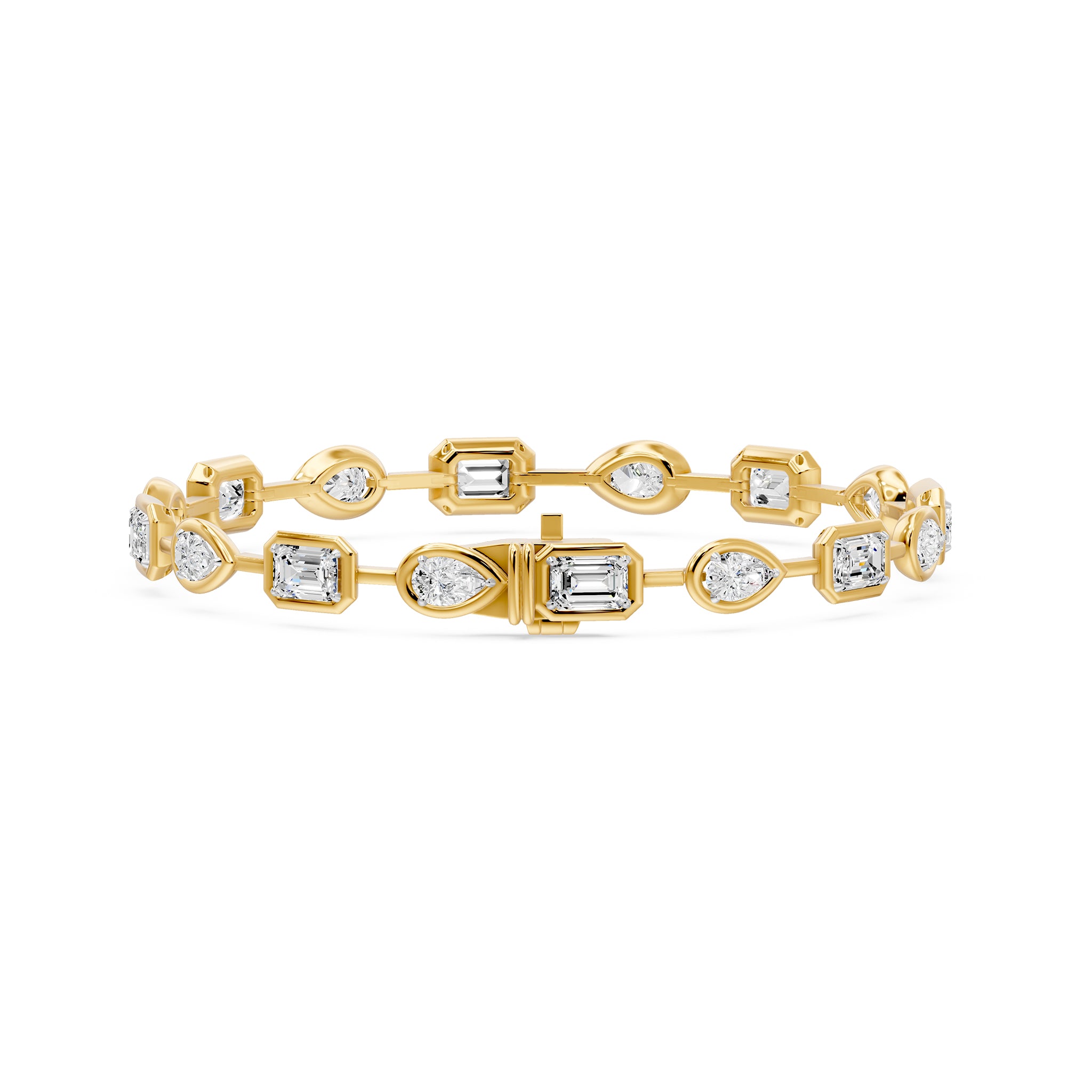 Frame Bezel Bar Pear & Emerald Cut Diamond Link Bracelet, lab-grown diamonds, 14K yellow gold, back view