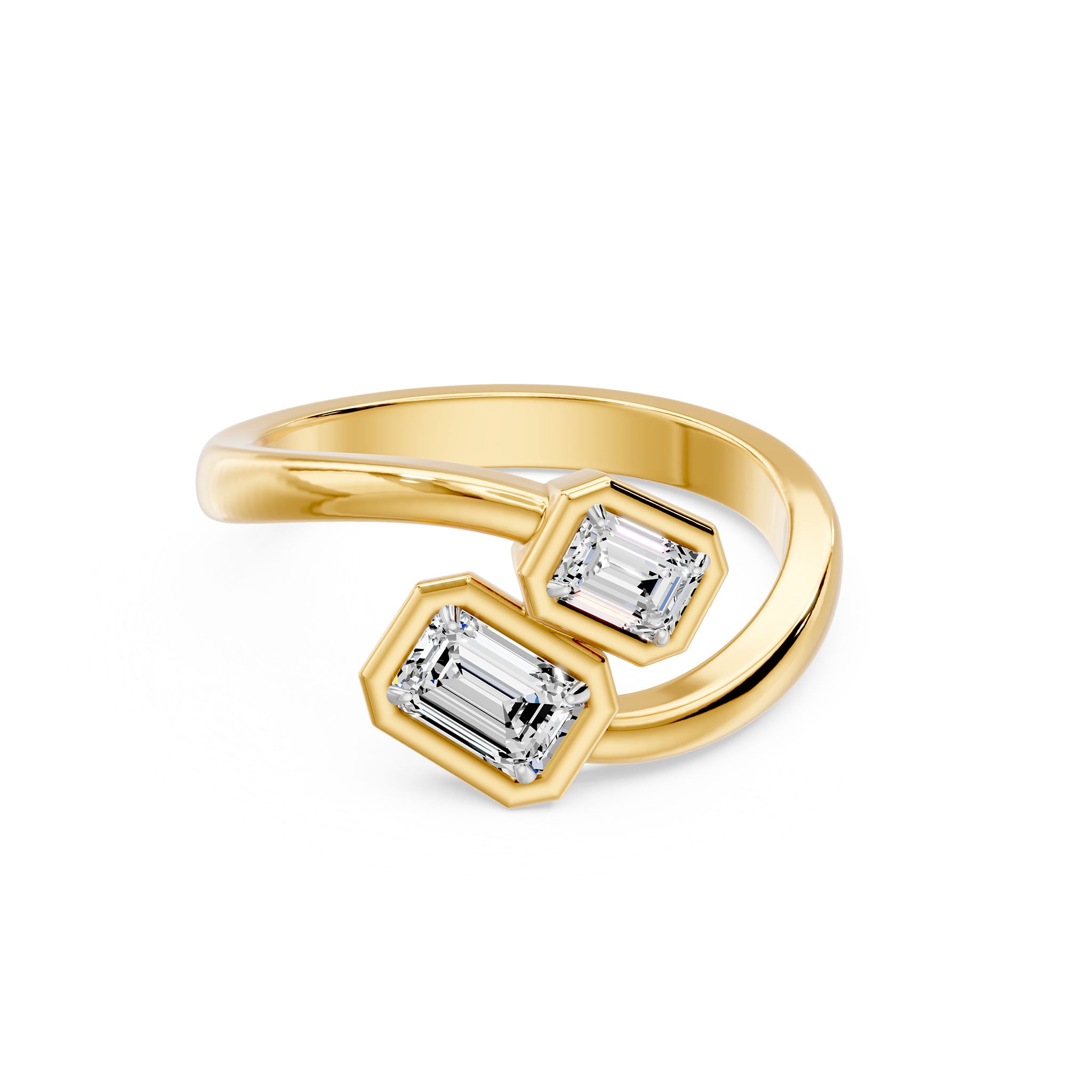 Frame Bezel Emerald Duo Two Stone Ring, lab-grown diamonds, 14K yellow gold, angle view