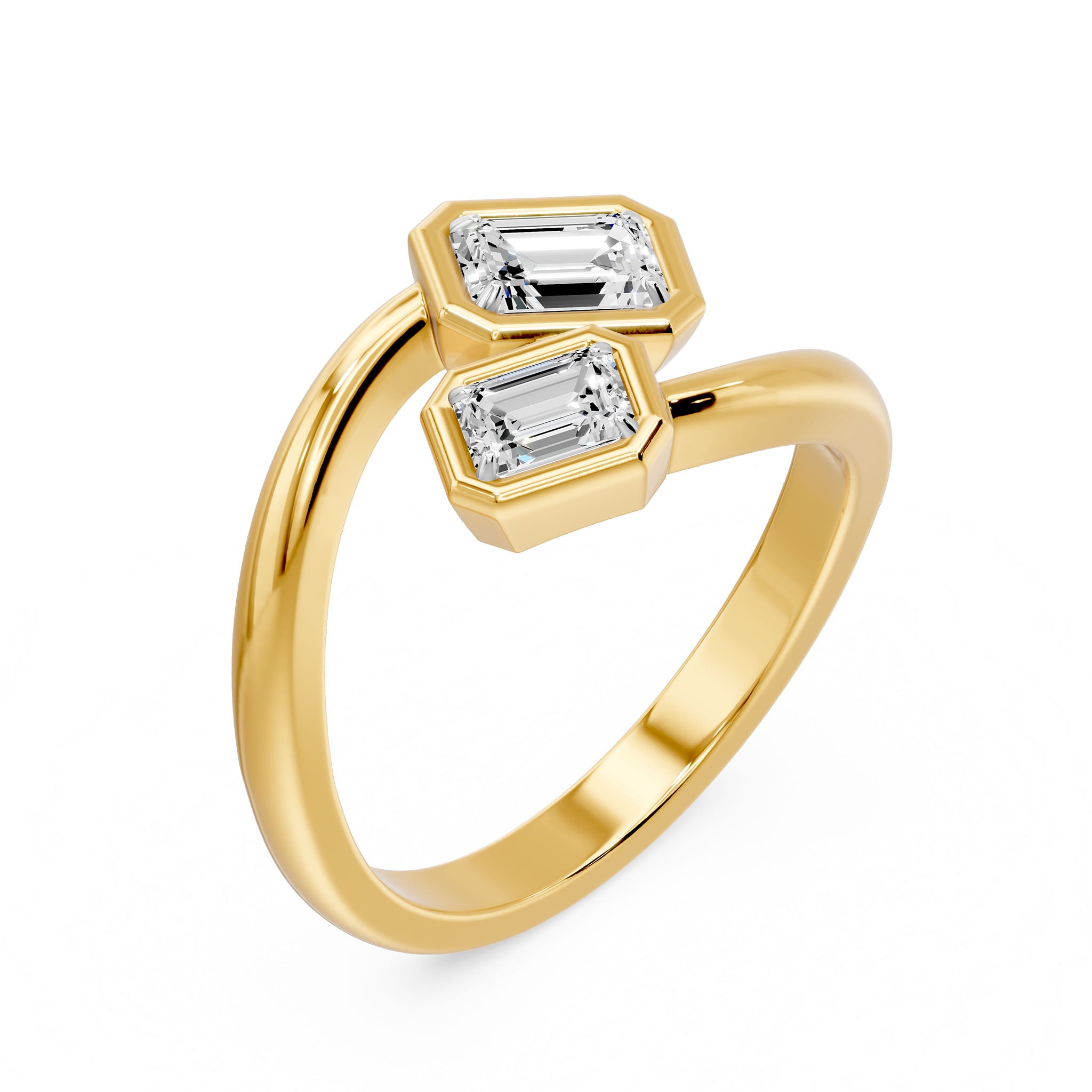 Frame Bezel Emerald Duo Two Stone Ring, lab-grown diamonds, 14K yellow gold, 3d view