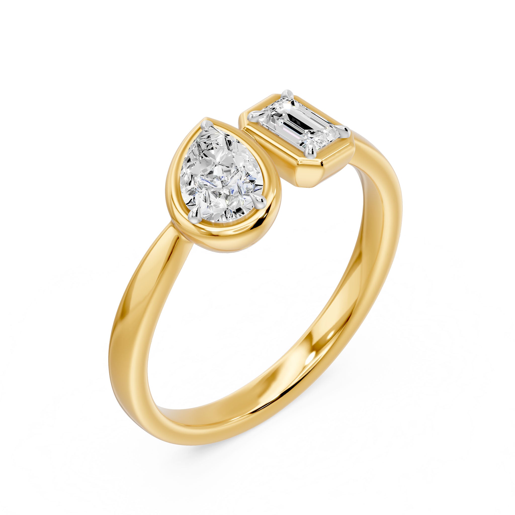 Frame Bezel Pear Emerald Two Stone Ring, lab-grown diamonds, 14K yellow gold, 3d view