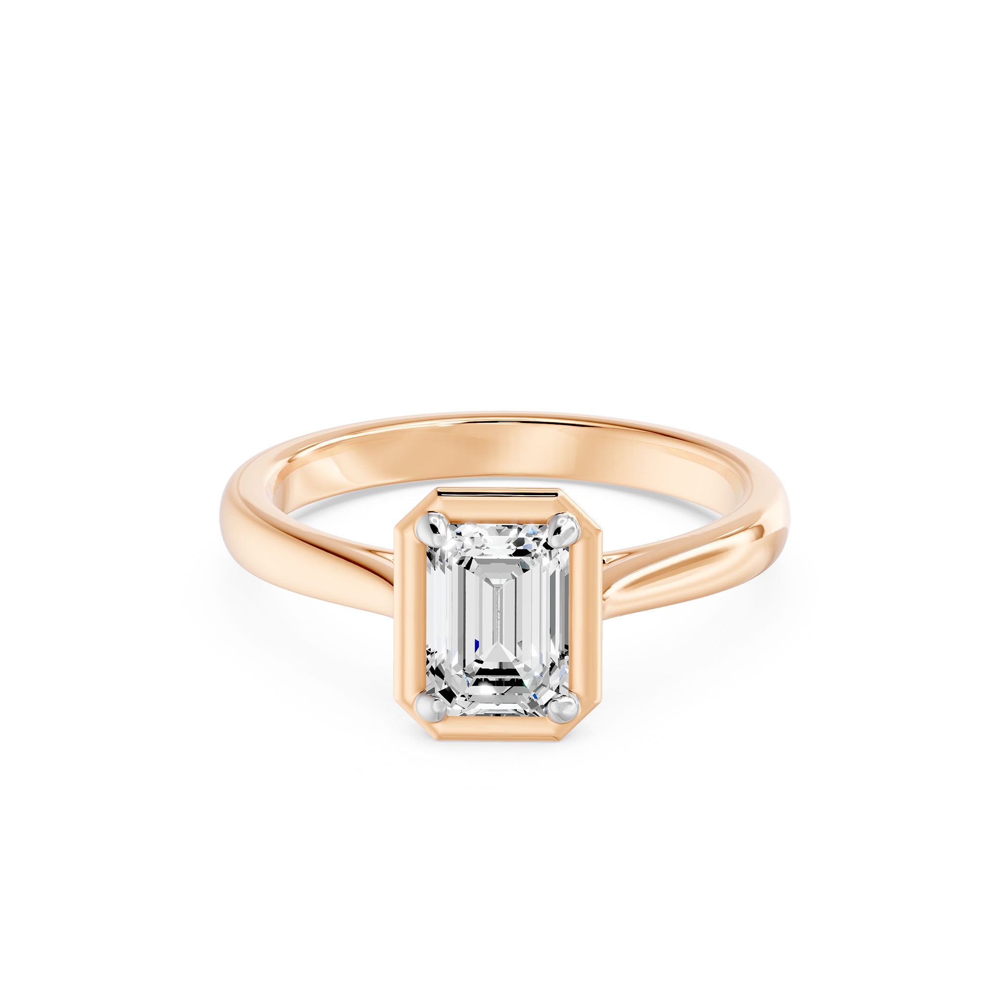 Frame Bezel Emerald Cut Solitaire Ring, lab-grown diamond, 14K rose gold, angle view