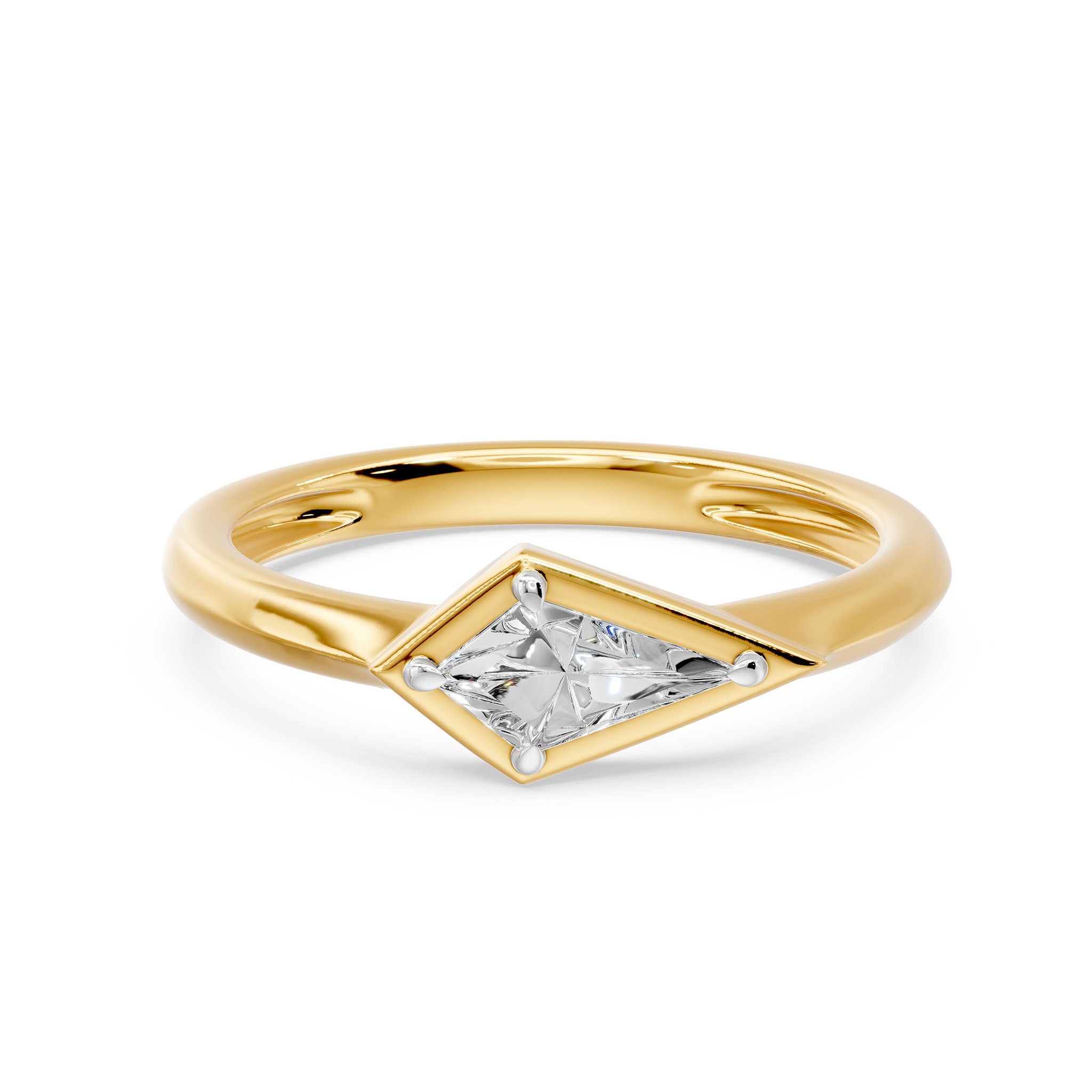 Frame Bezel East West Kite Cut Solitaire Ring, lab-grown diamond, 14K yellow gold, angle view