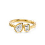 Frame Bezel Pear Emerald Two Stone Ring, lab-grown diamonds, 14K yellow gold, angle view