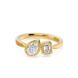 Frame Bezel Pear Emerald Two Stone Ring, lab-grown diamonds, 14K yellow gold, angle view