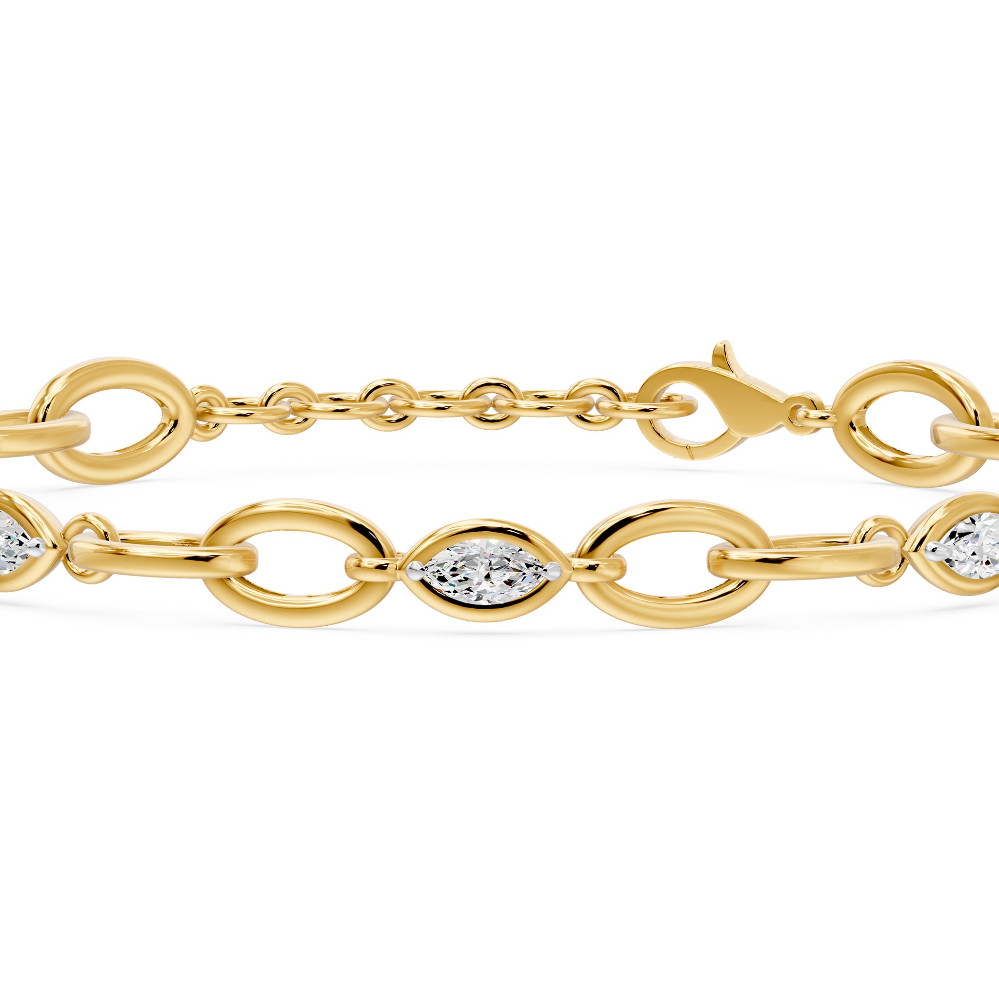 Oval Link Marquise Diamond Five Stone Bracelet, lab-grown diamonds, 14K yellow gold, detail view