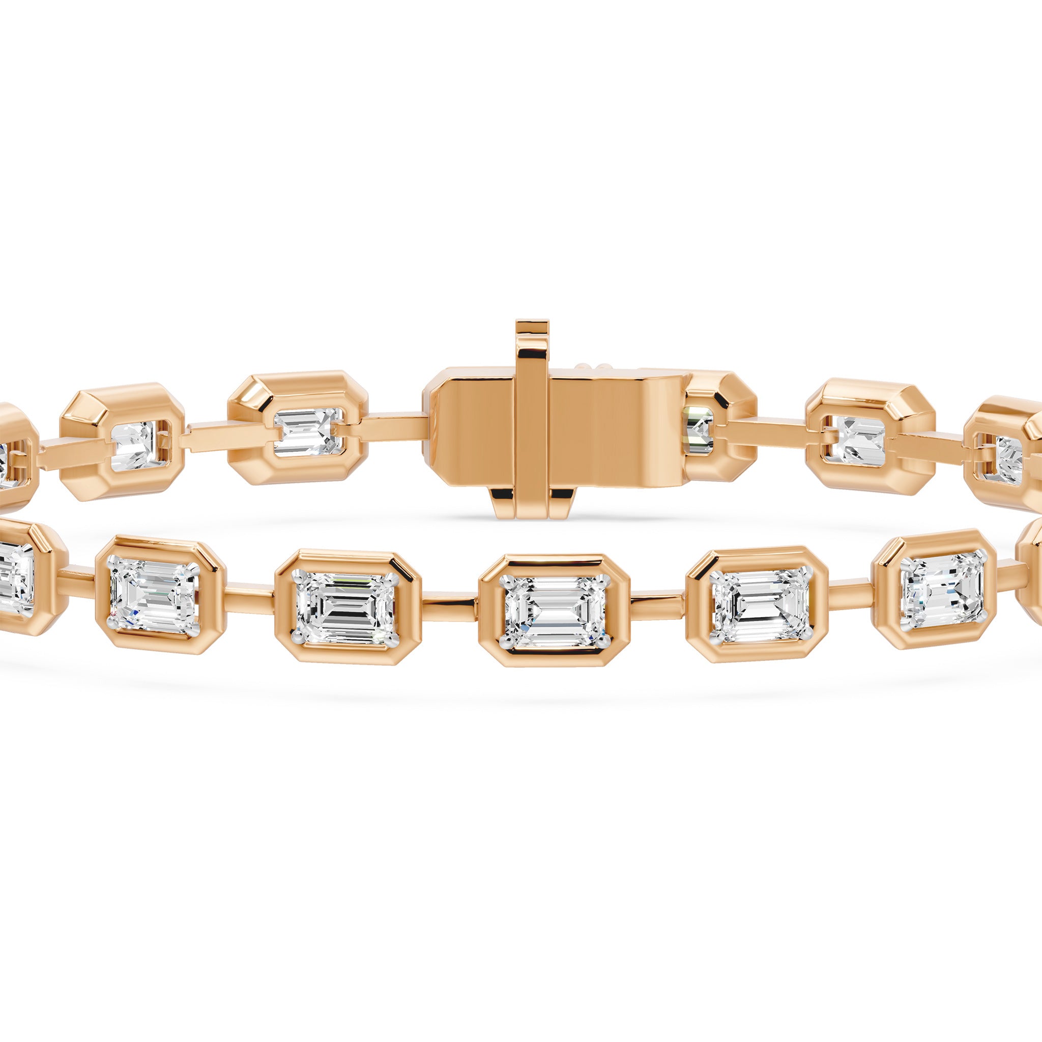 Frame Bezel Bar Emerald Cut Diamond Link Bracelet, lab-grown diamonds, 14K rose gold, detail view