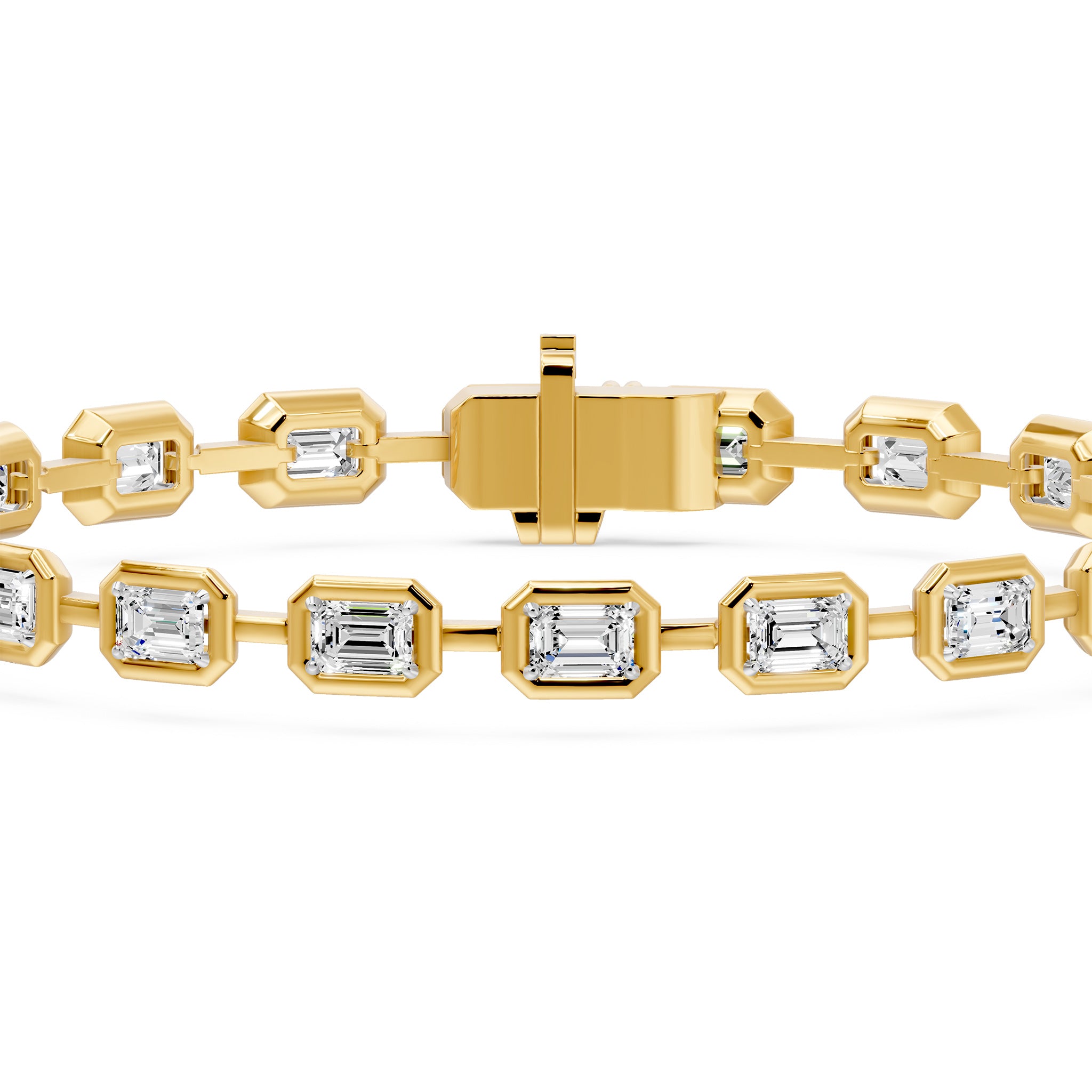 Frame Bezel Bar Emerald Cut Diamond Link Bracelet, lab-grown diamonds, 14K yellow gold, detail view