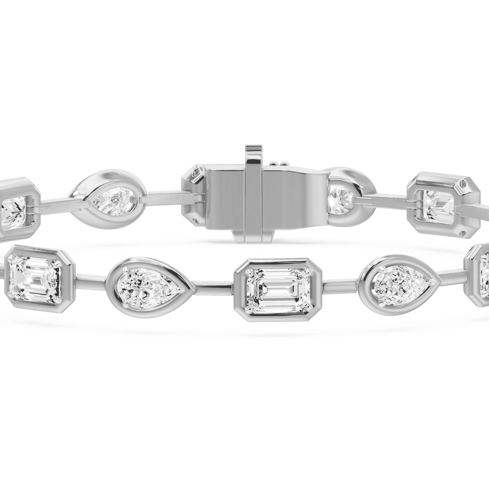 Frame Bezel Bar Pear & Emerald Cut Diamond Link Bracelet, lab-grown diamonds, 14K white gold, detail view