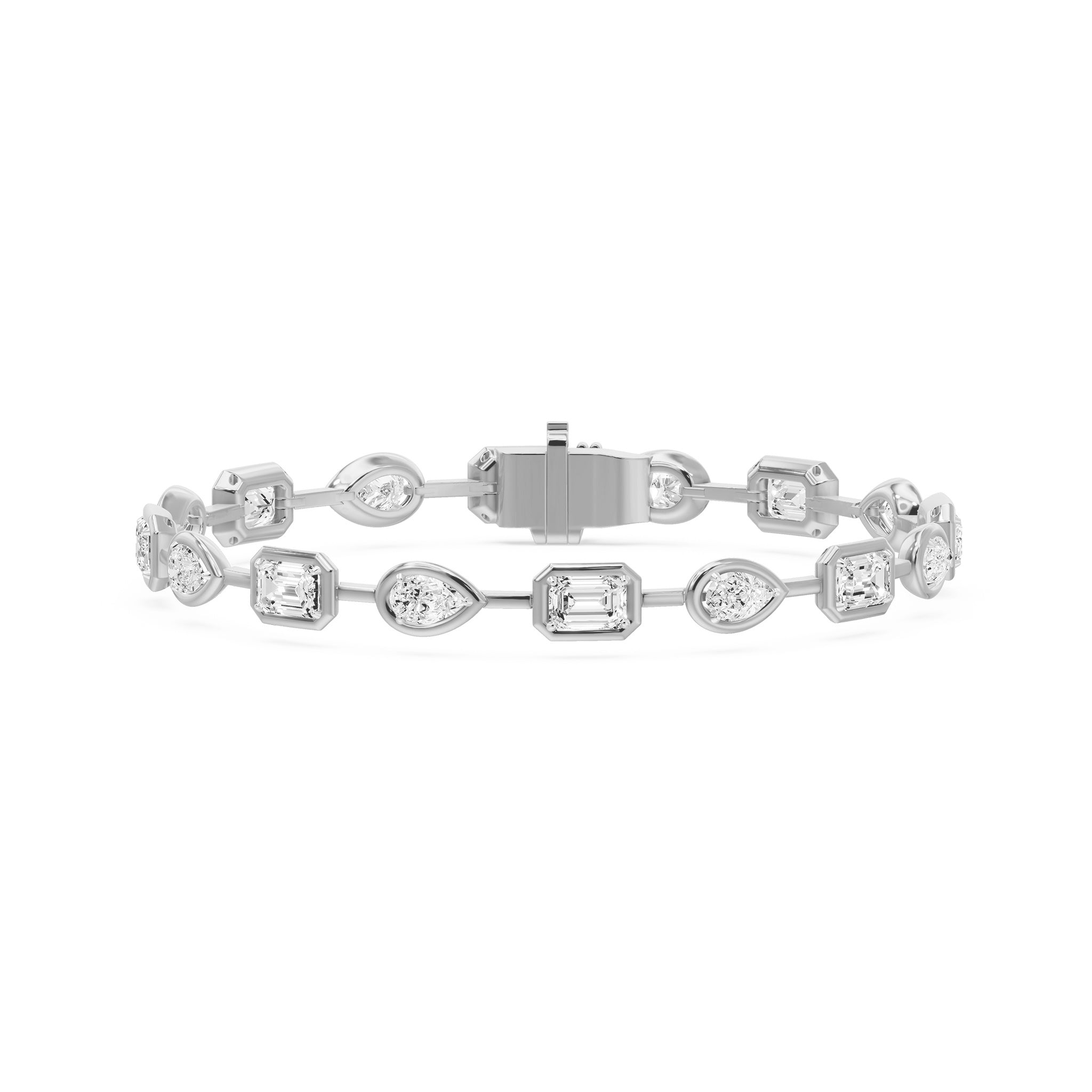 Frame Bezel Bar Pear & Emerald Cut Diamond Link Bracelet, lab-grown diamonds, 14K white gold, front view