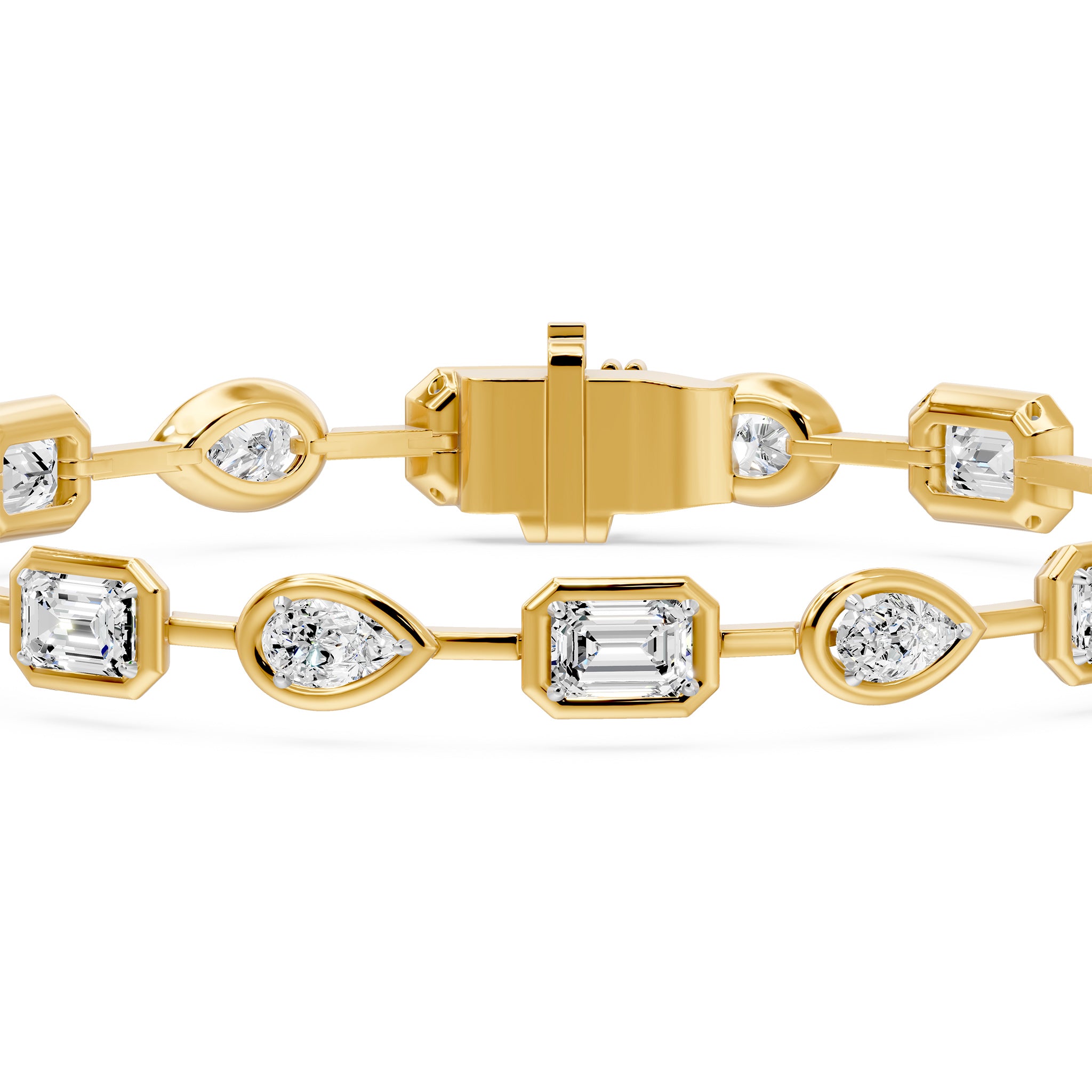 Frame Bezel Bar Pear & Emerald Cut Diamond Link Bracelet, lab-grown diamonds, 14K yellow gold, detail view