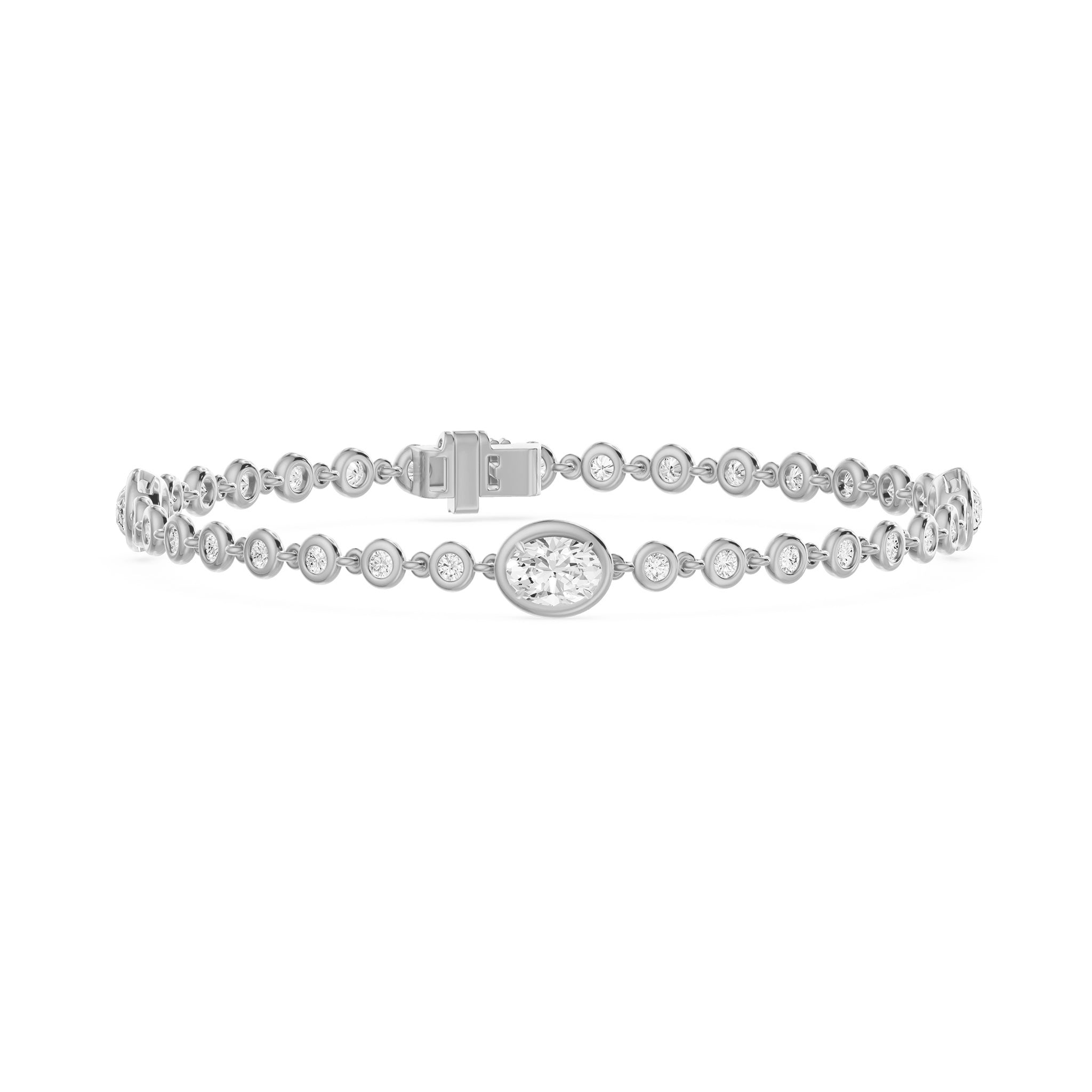 Frame Bezel Center Court Oval Diamond Station Chain Bracelet, lab-grown diamonds, 14K white gold, front view