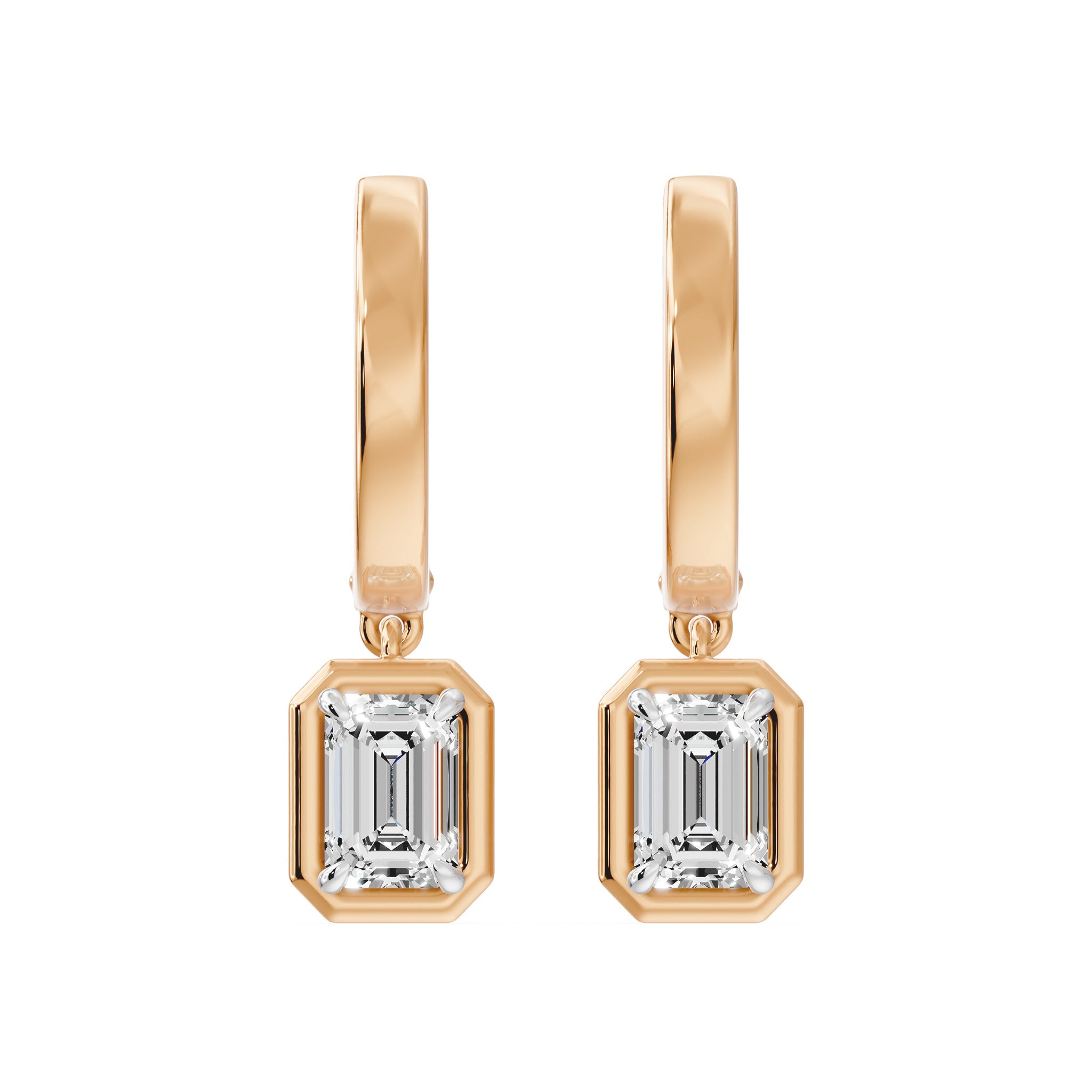 Frame Bezel Emerald Dangle Huggie Earrings, lab-grown diamonds, 14K rose gold, front view
