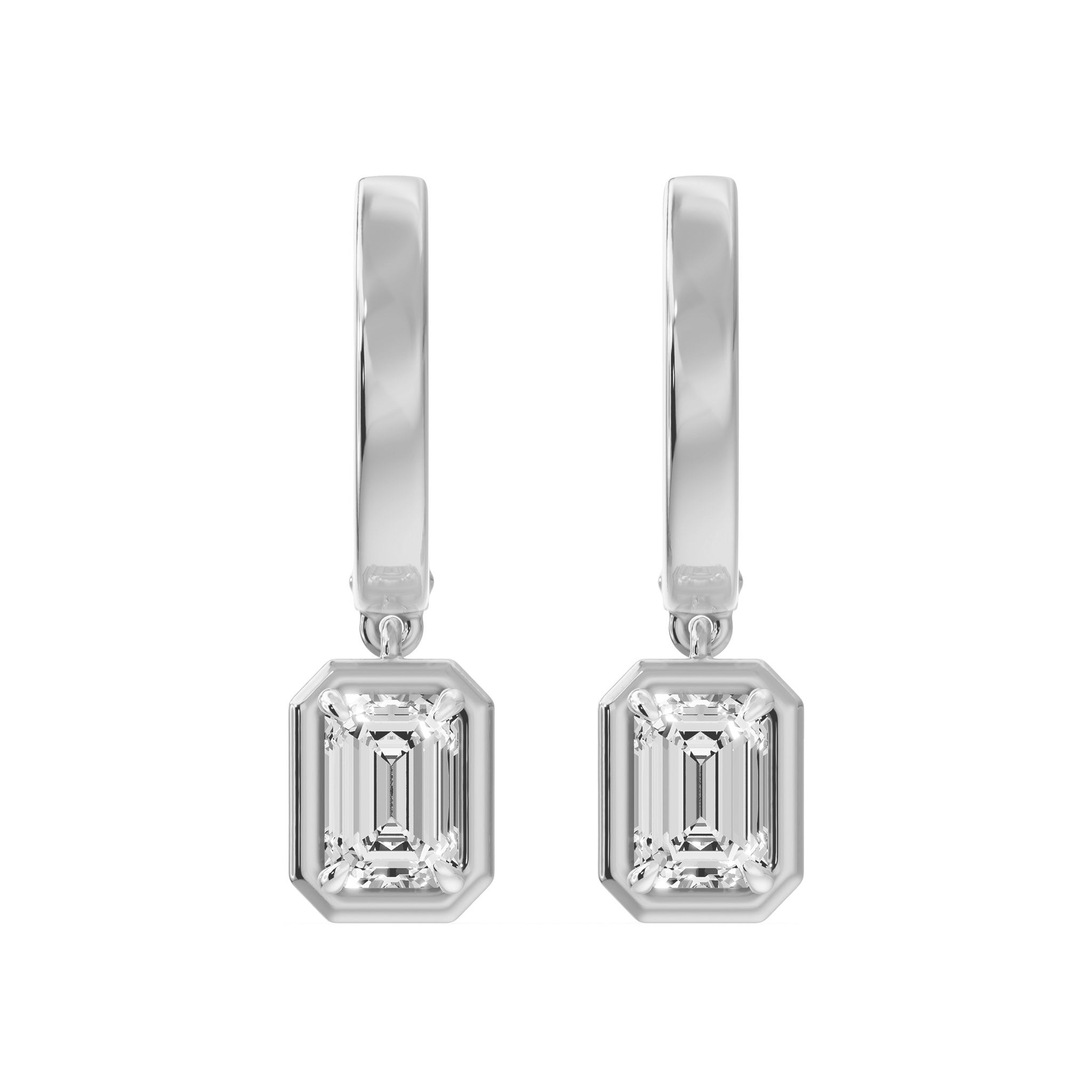 Frame Bezel Emerald Dangle Huggie Earrings, lab-grown diamonds, 14K white gold, front view