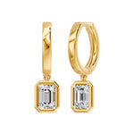 Frame Bezel Emerald Dangle Huggie Earrings, lab-grown diamonds, 14K yellow gold, front view