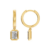 Frame Bezel Emerald Dangle Huggie Earrings, lab-grown diamonds, 14K yellow gold, side view