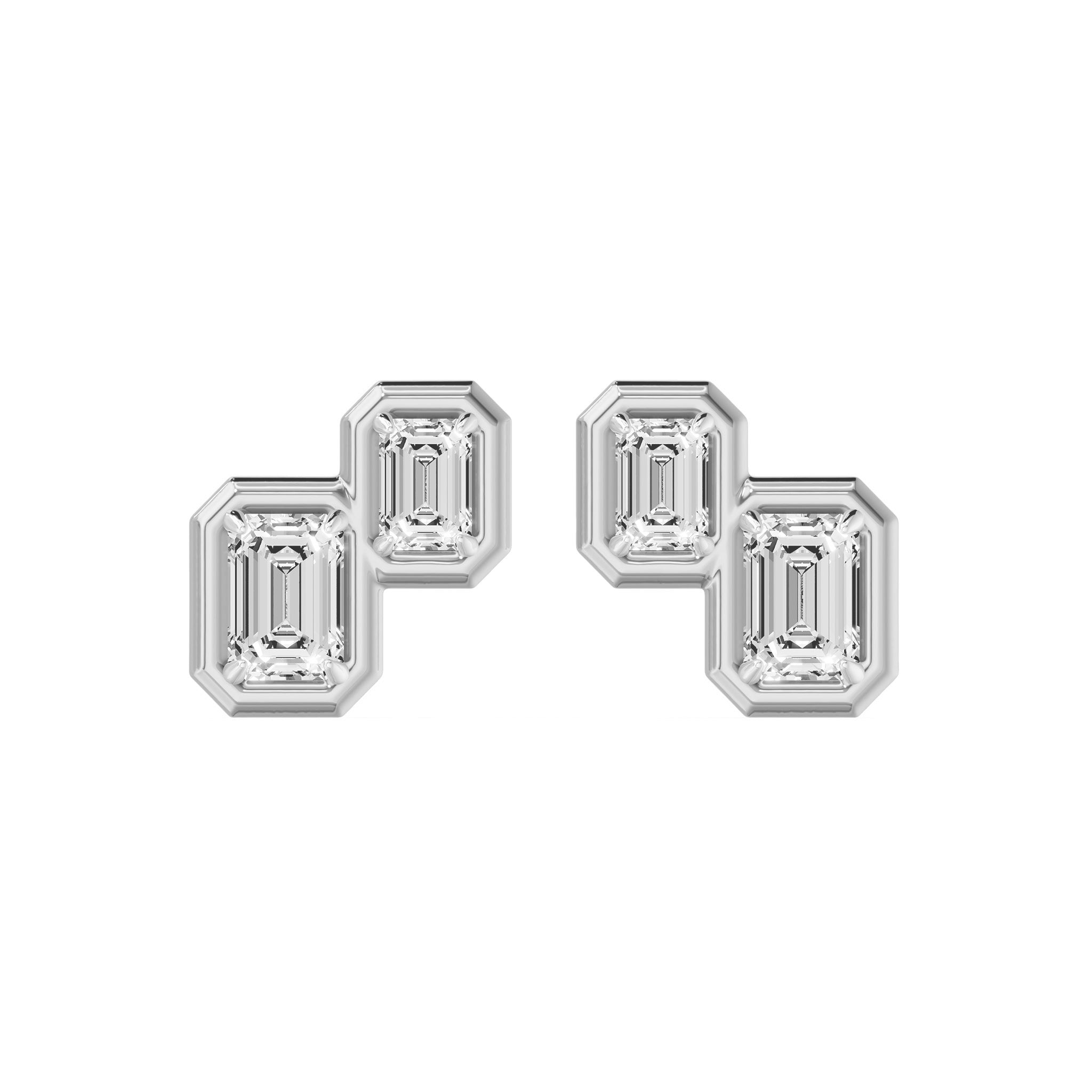 Frame Bezel Emerald Duo Stud Earrings, lab-grown diamonds, 14K white gold, front view