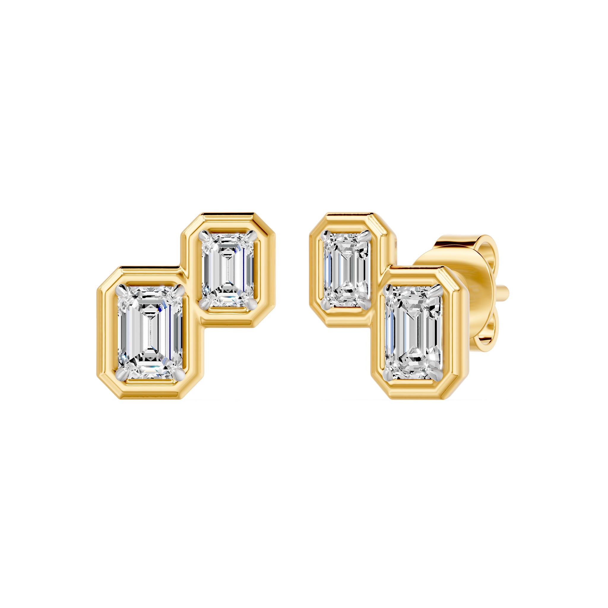 Frame Bezel Emerald Duo Stud Earrings, lab-grown diamonds, 14K yellow gold, front view