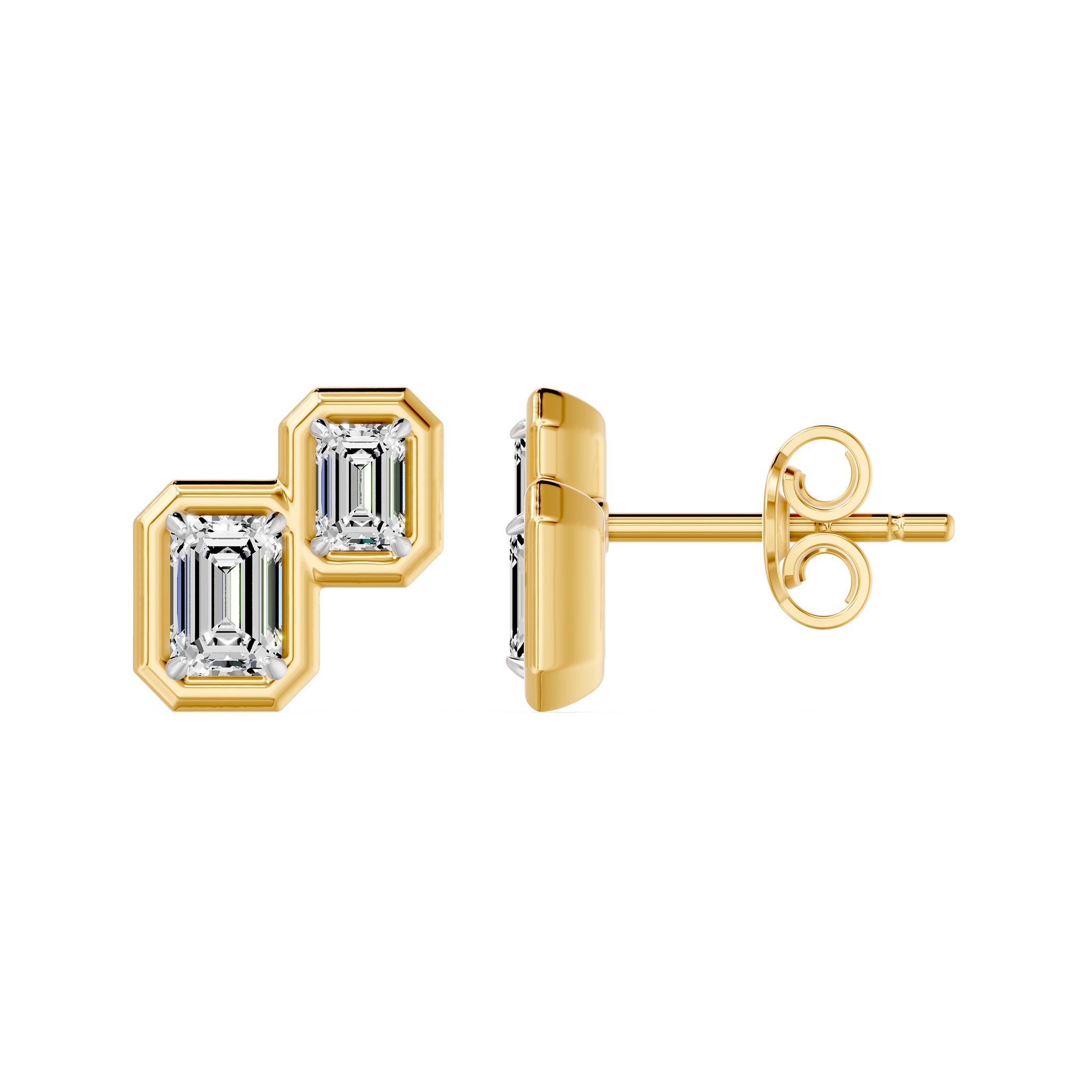Frame Bezel Emerald Duo Stud Earrings, lab-grown diamonds, 14K yellow gold, side view