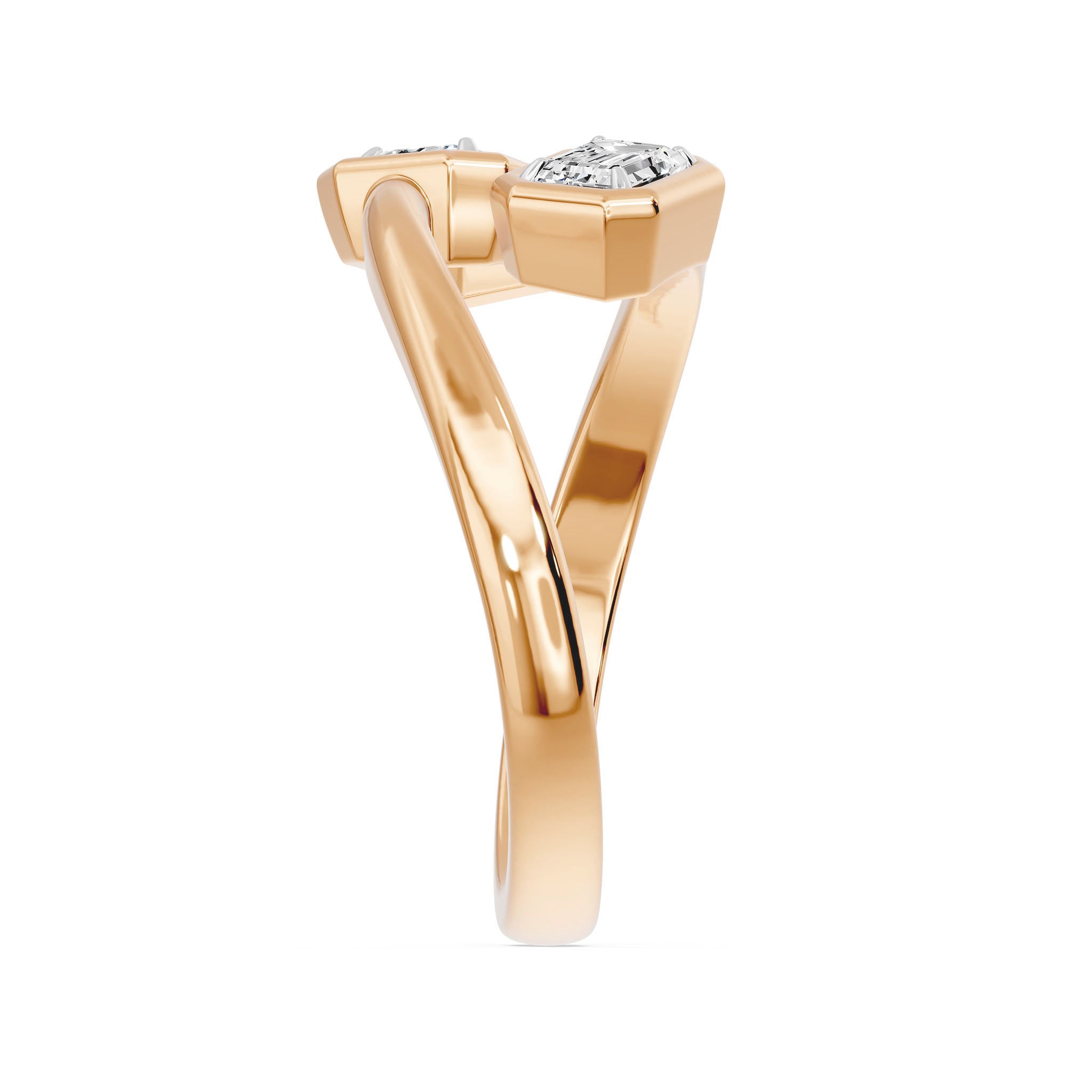 Frame Bezel Emerald Duo Two Stone Ring, lab-grown diamonds, 14K rose gold, side view