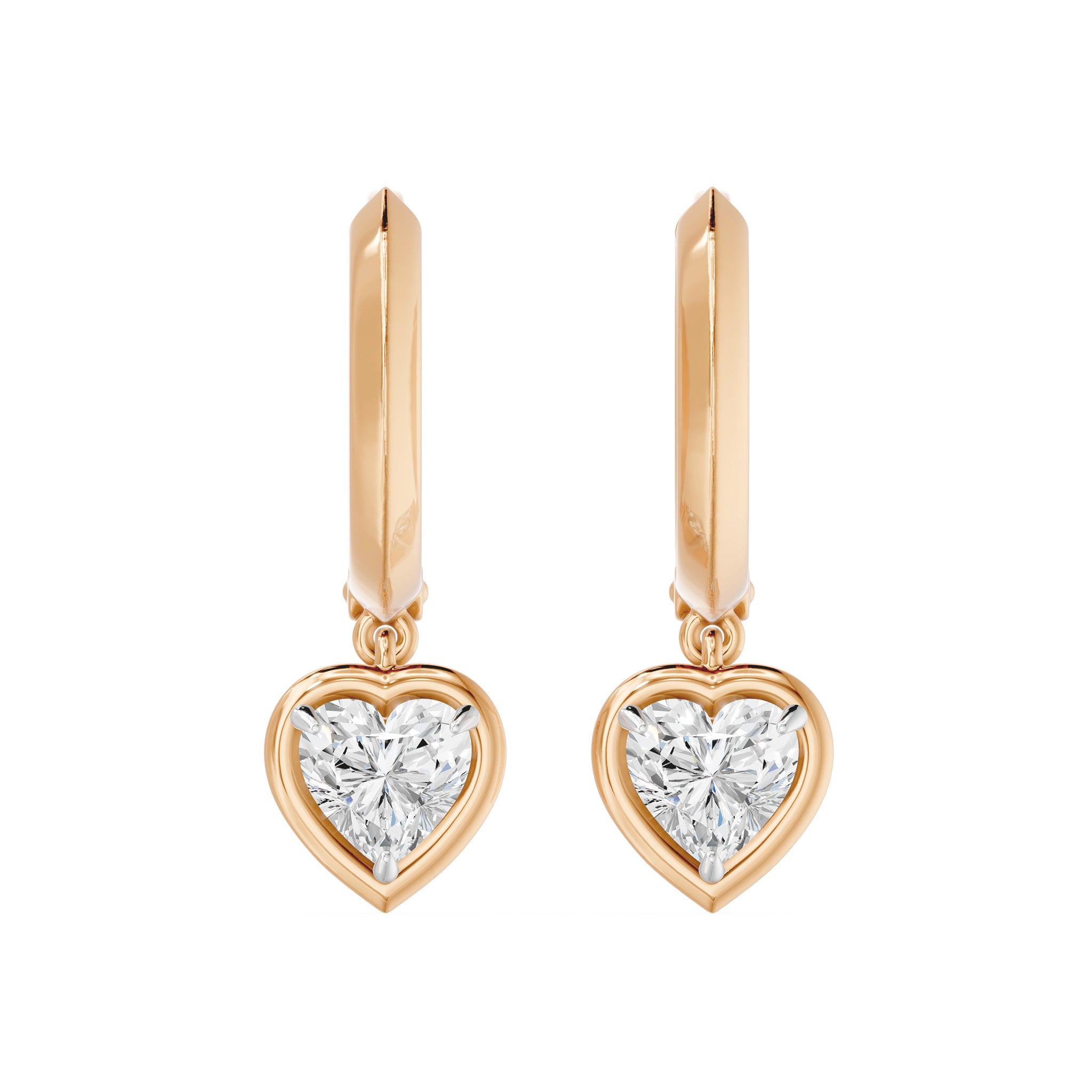 Frame Bezel Heart Dangle Huggie Earrings, lab-grown diamonds, 14K rose gold, front view