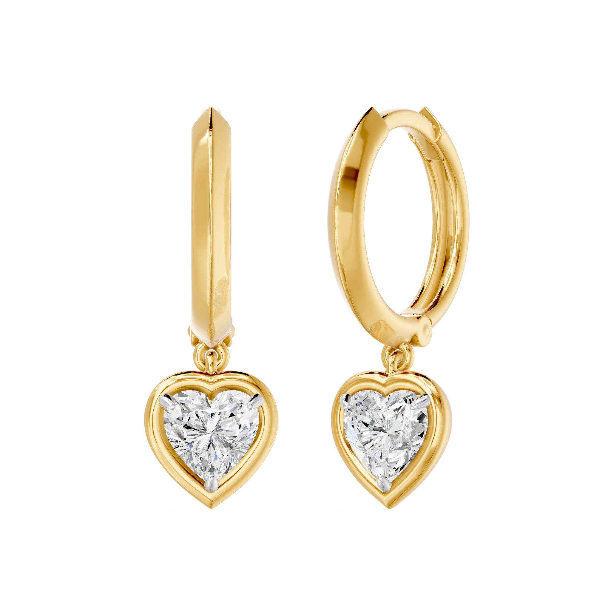 Frame Bezel Heart Dangle Huggie Earrings, lab-grown diamonds, 14K yellow gold, front view