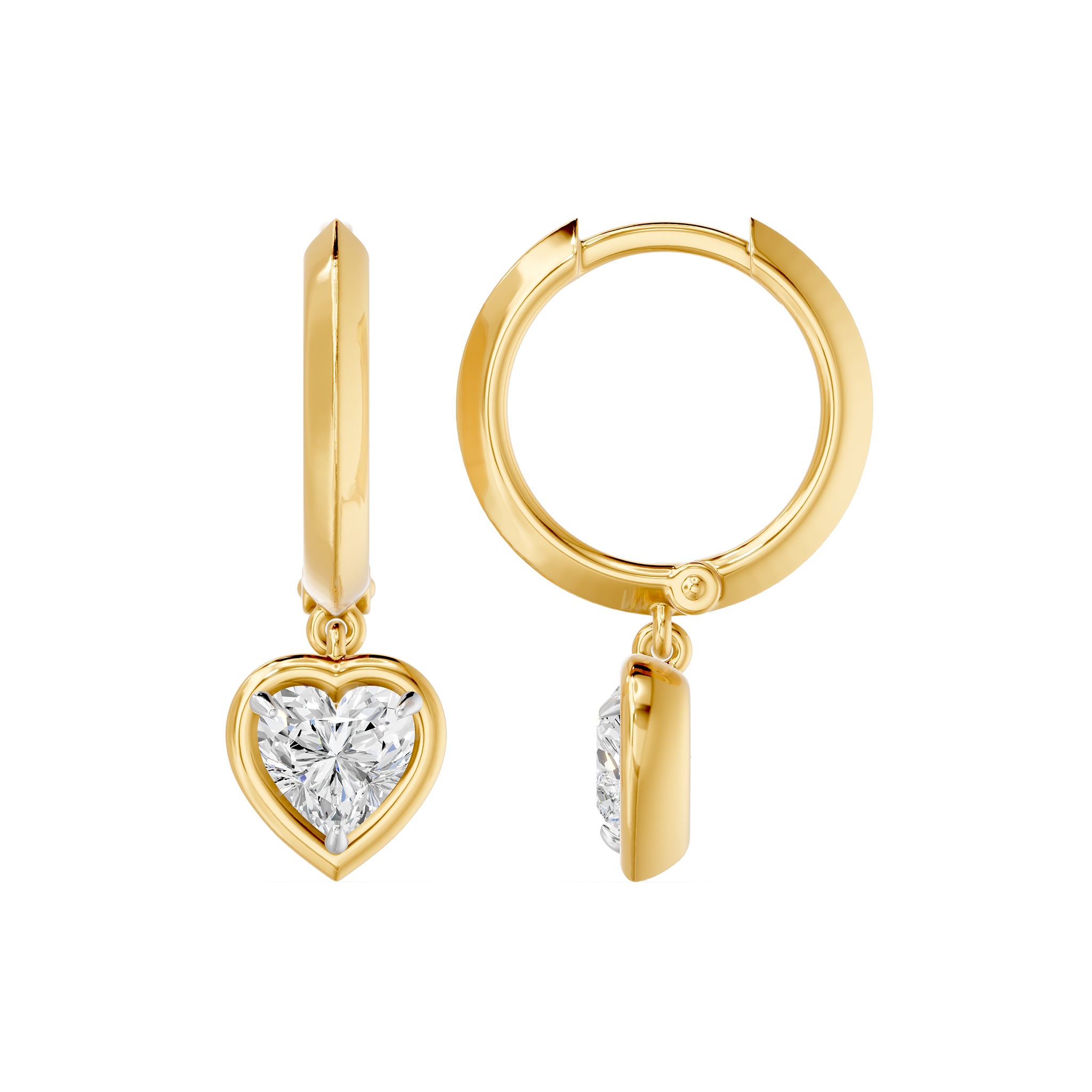 Frame Bezel Heart Dangle Huggie Earrings, lab-grown diamonds, 14K yellow gold, side view