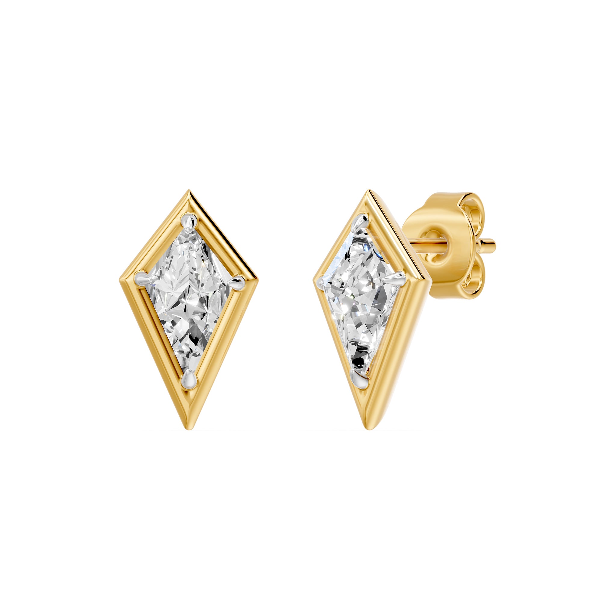 Frame Bezel Kite Cut Solitaire Stud Earrings, lab-grown diamonds, 14K yellow gold, front view