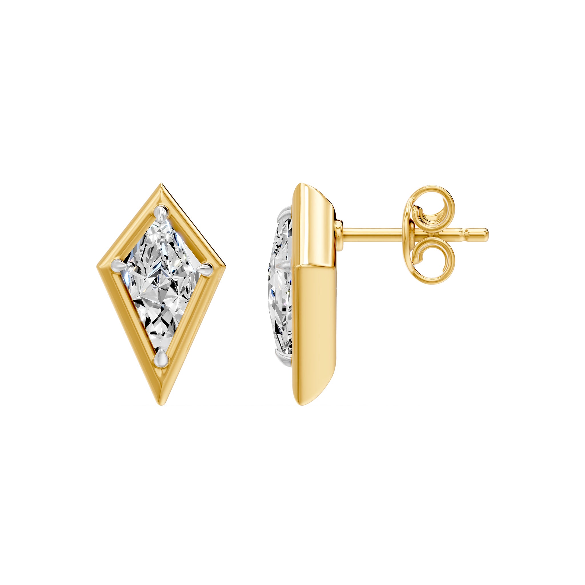 Frame Bezel Kite Cut Solitaire Stud Earrings, lab-grown diamonds, 14K yellow gold, side view