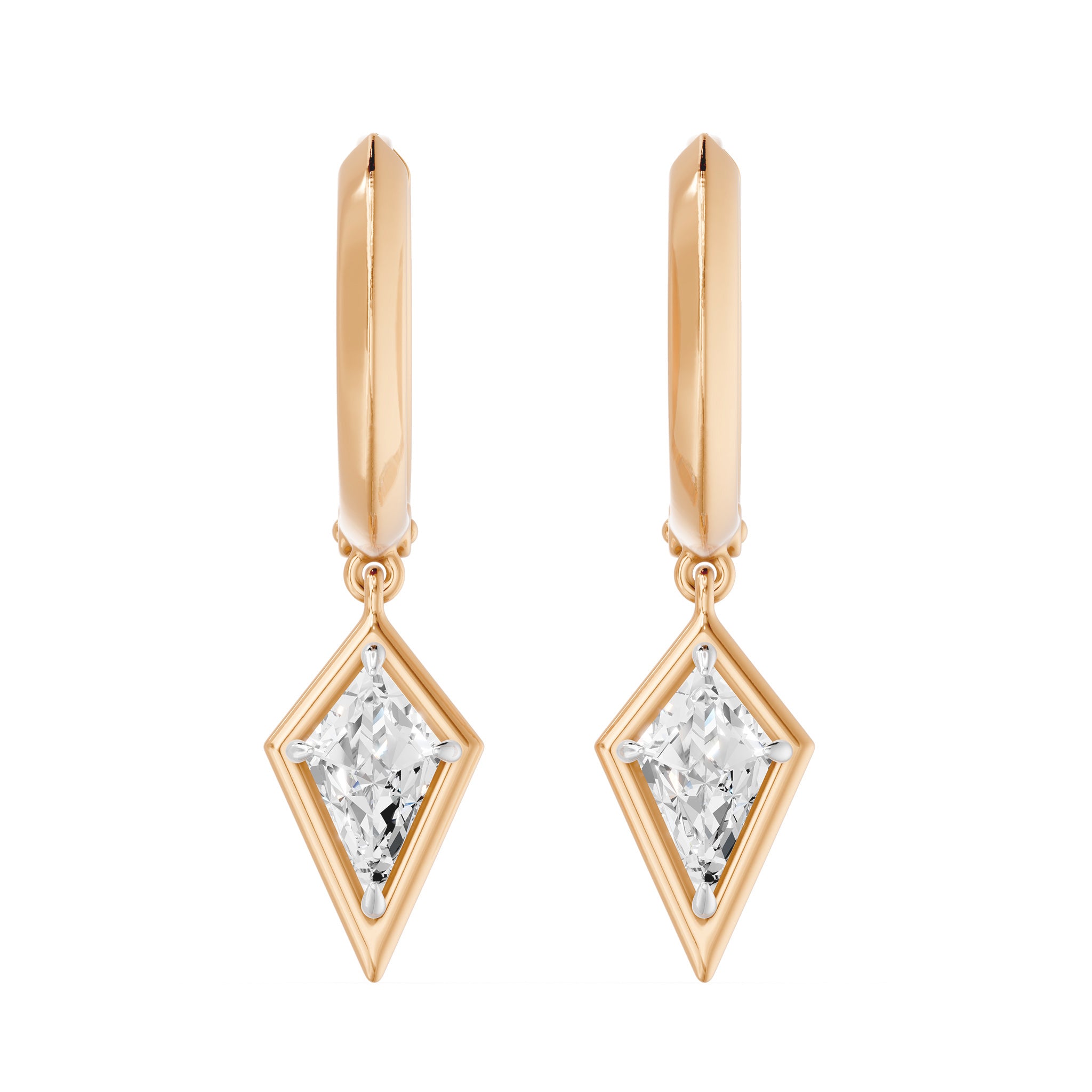 Frame Bezel Kite Dangle Huggie Earrings, lab-grown diamonds, 14K rose gold, front view