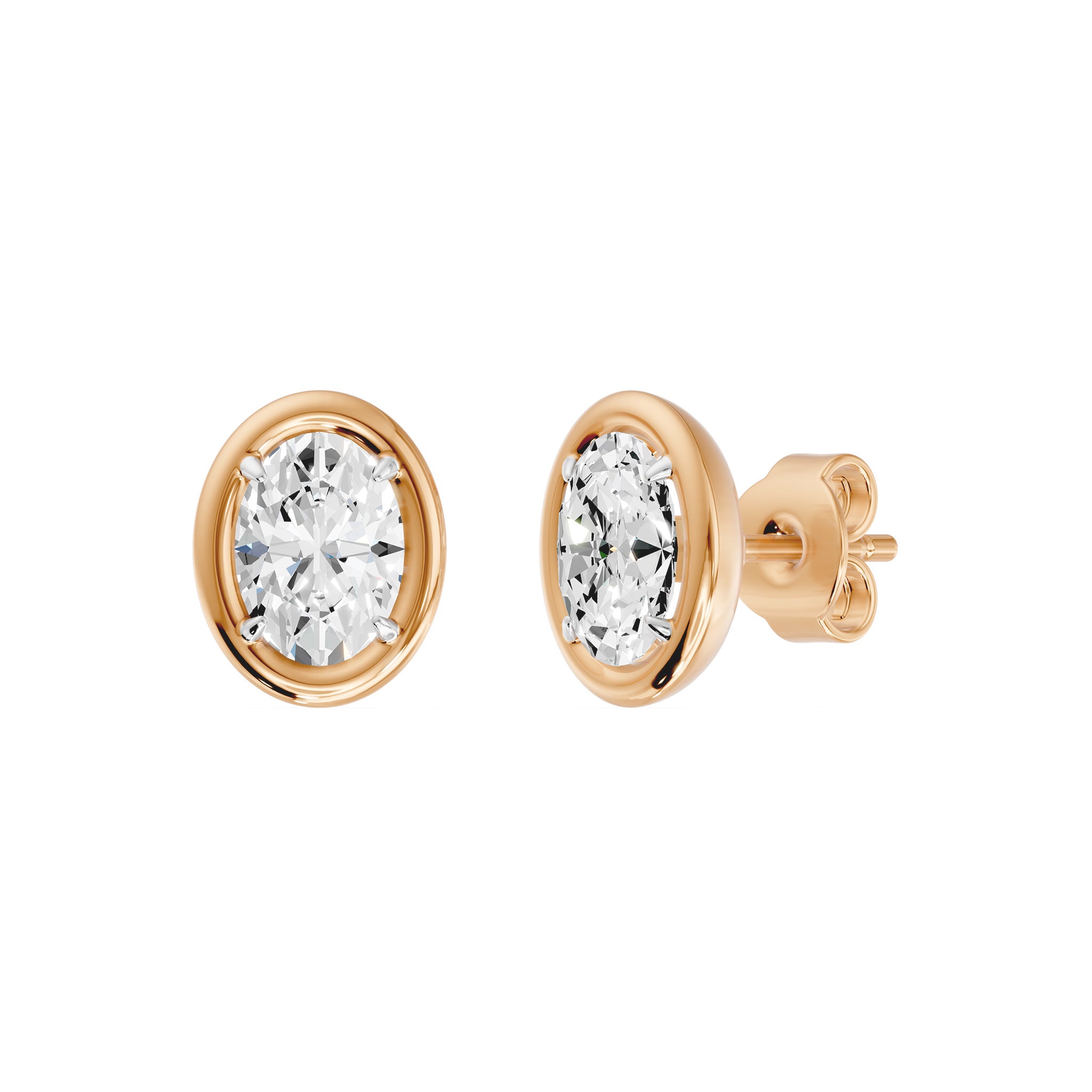 Frame Bezel Oval Solitaire Stud Earrings, lab-grown diamonds, 14K rose gold, angle view