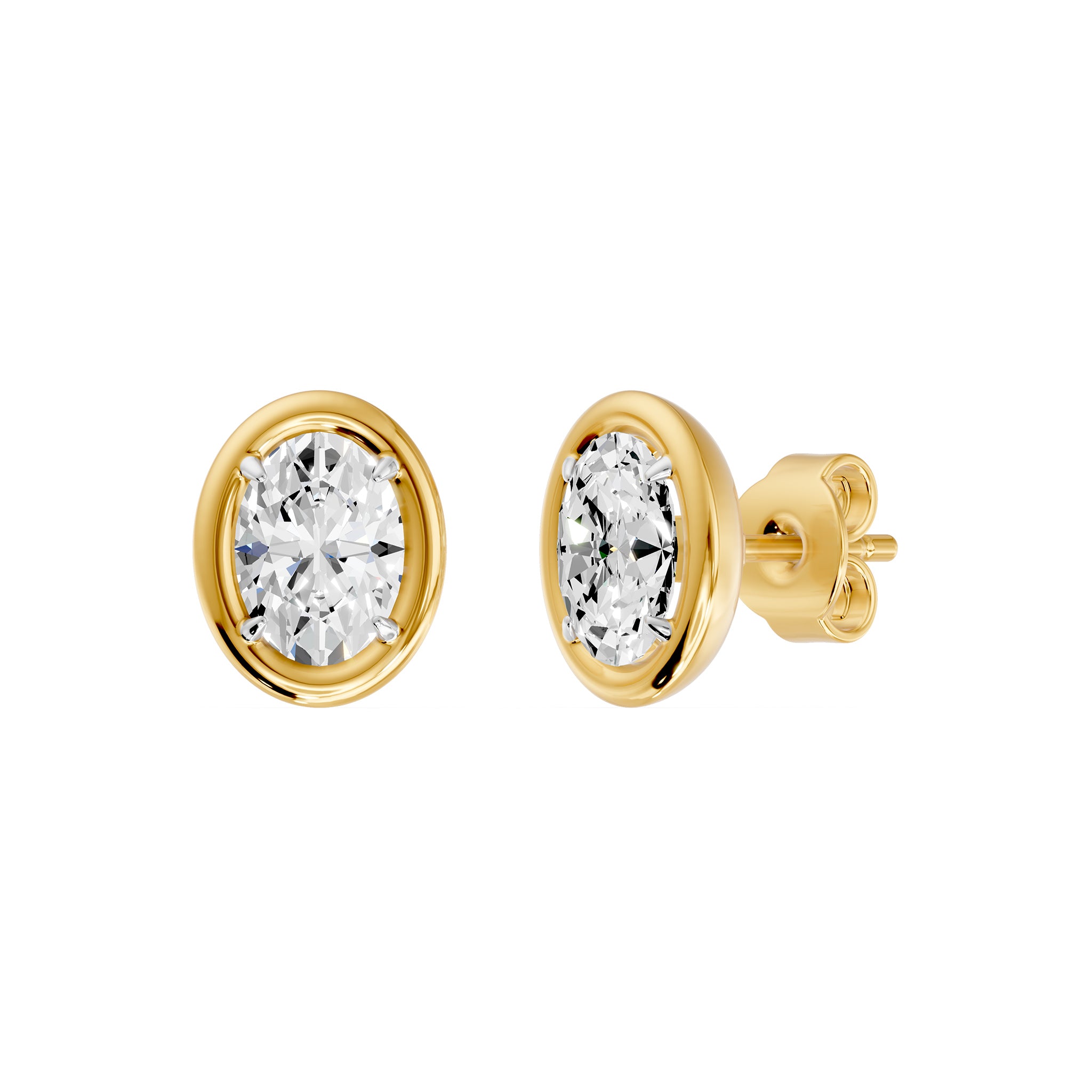 Frame Bezel Oval Solitaire Stud Earrings, lab-grown diamonds, 14K yellow gold, front view