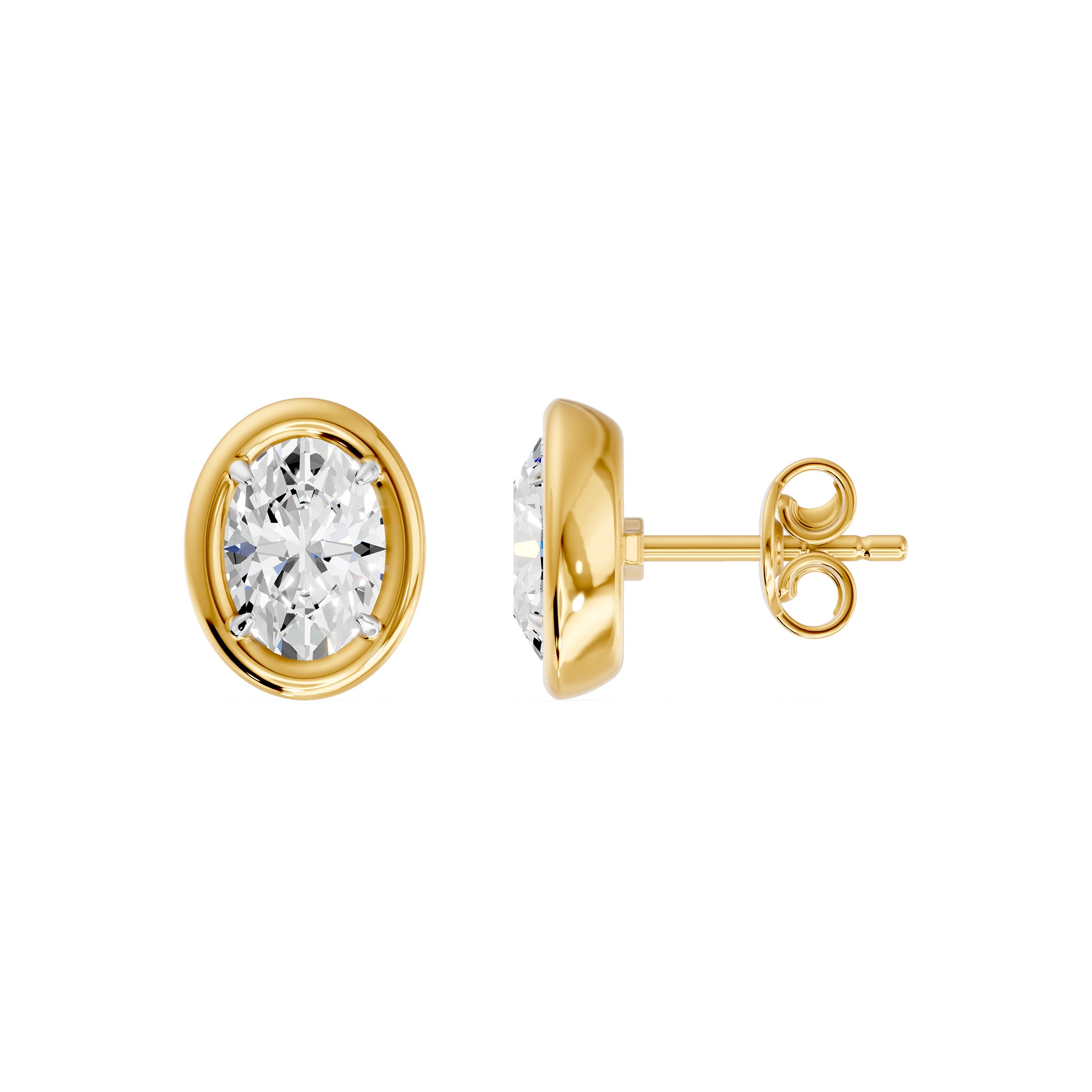 Frame Bezel Oval Solitaire Stud Earrings, lab-grown diamonds, 14K yellow gold, side view