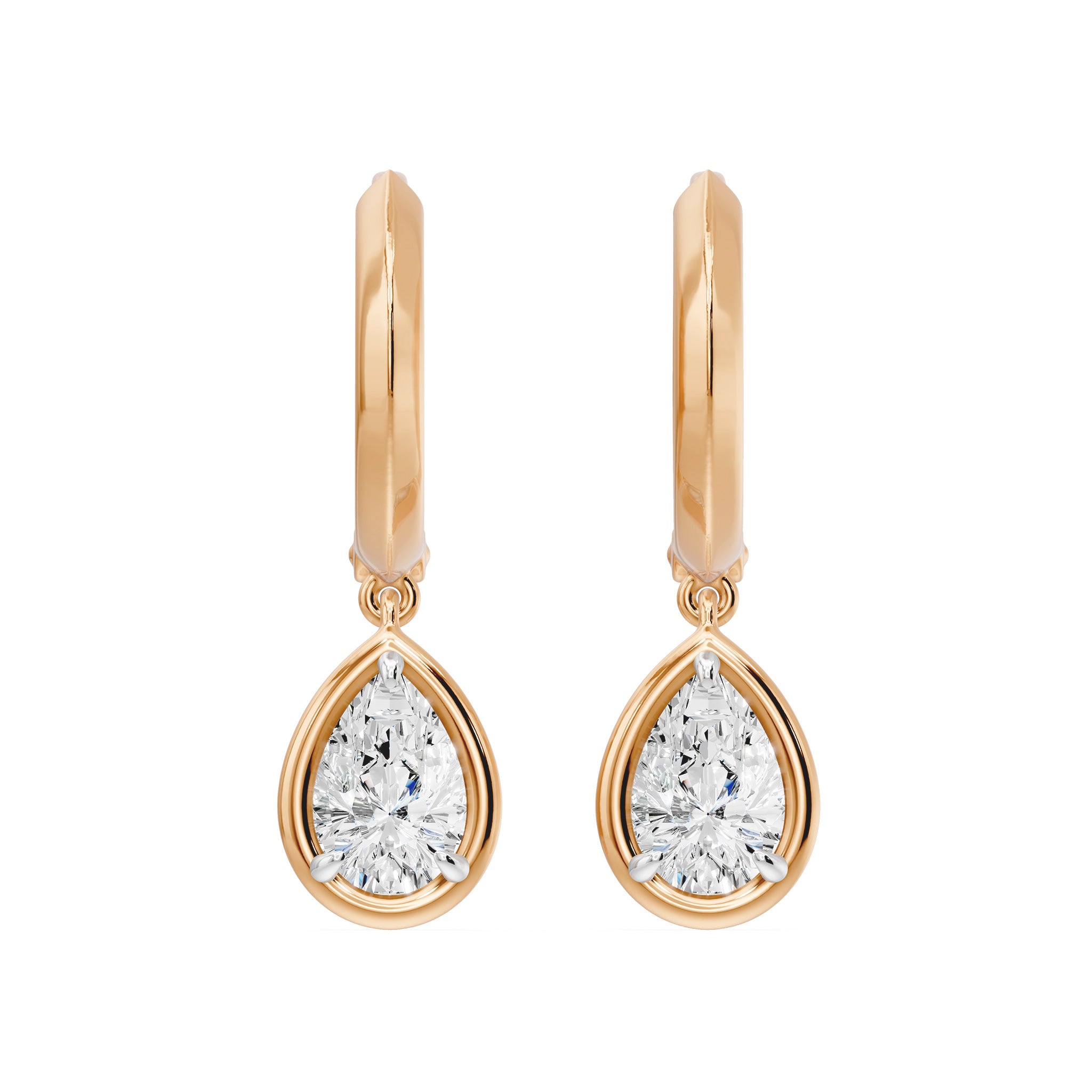 Frame Bezel Pear Dangle Huggie Earrings, lab-grown diamonds, 14K rose gold, front view