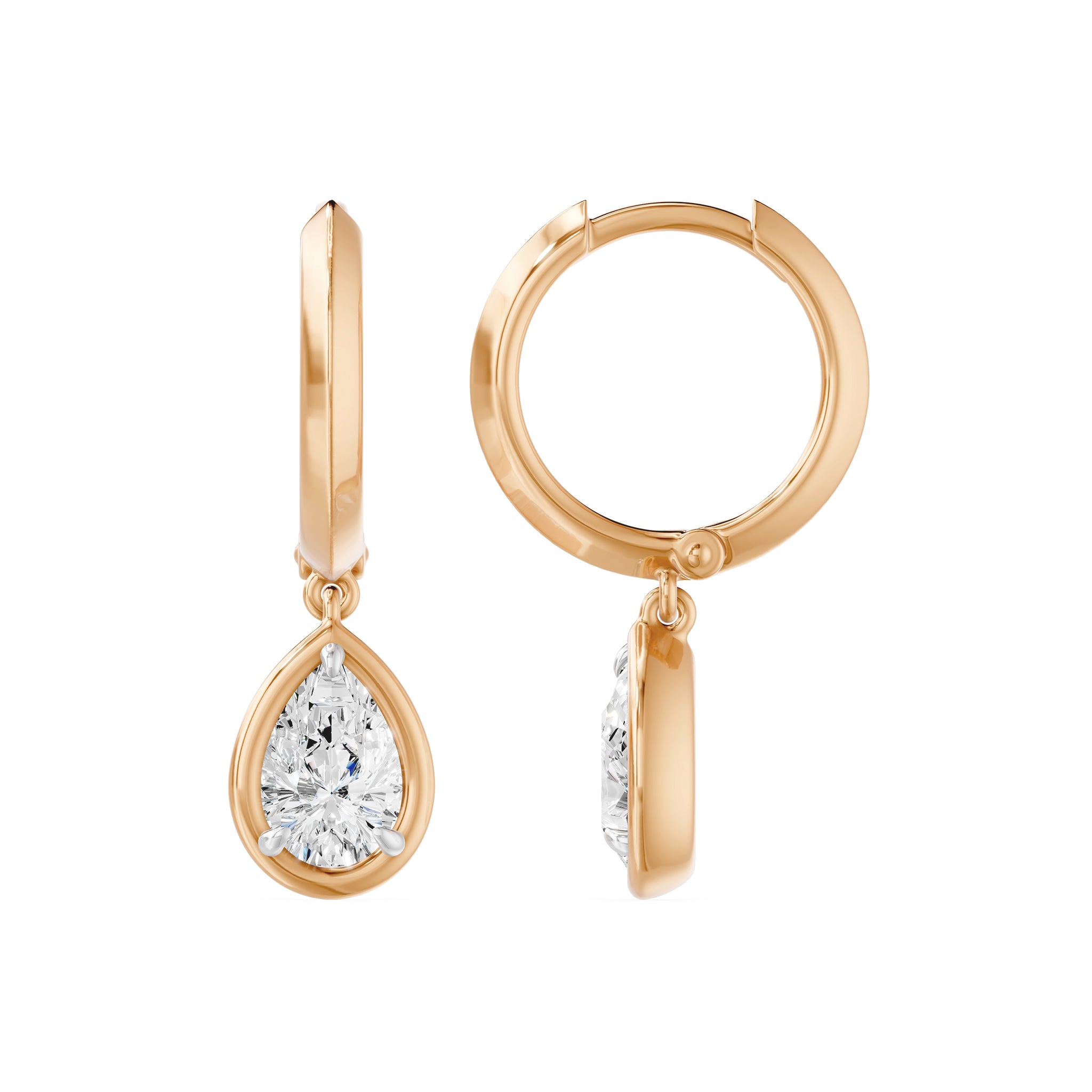 Frame Bezel Pear Dangle Huggie Earrings, lab-grown diamonds, 14K rose gold, side view
