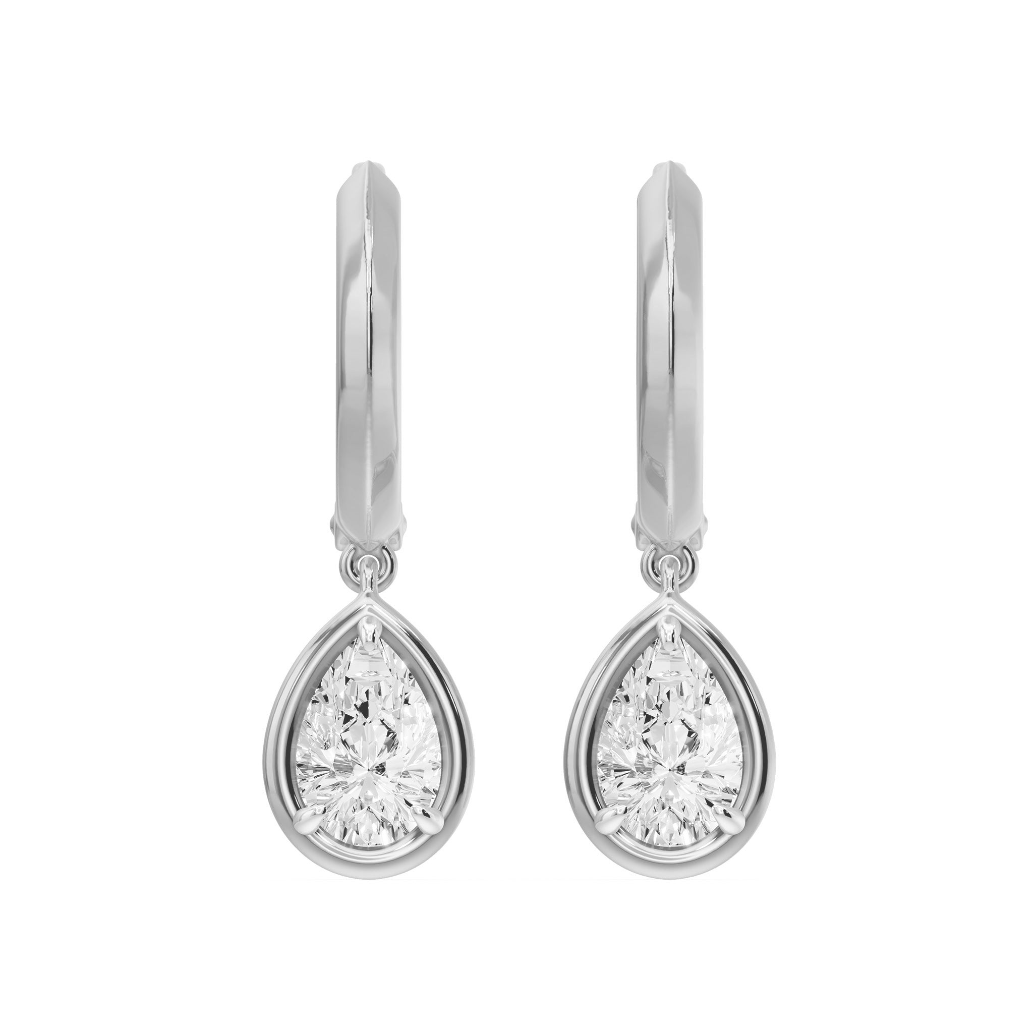 Frame Bezel Pear Dangle Huggie Earrings, lab-grown diamonds, 14K white gold, front view