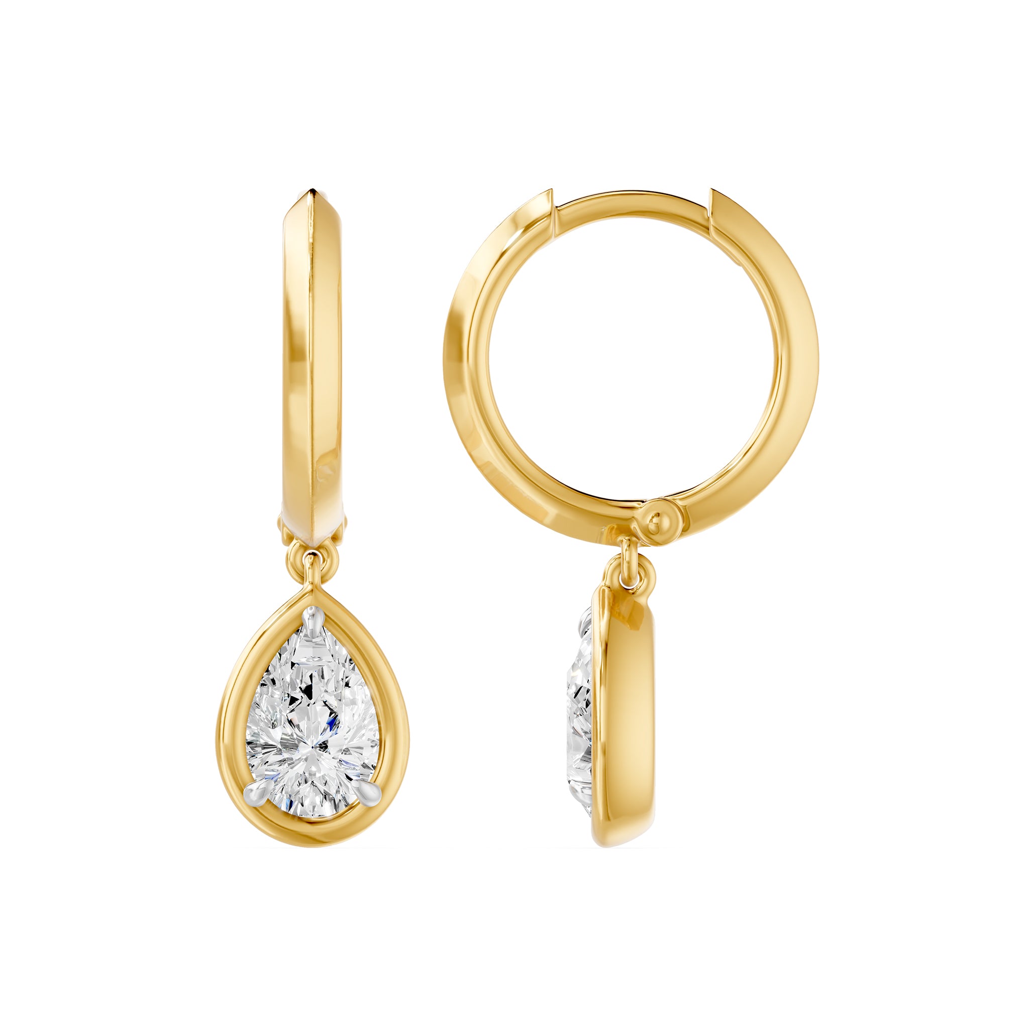 Frame Bezel Pear Dangle Huggie Earrings, lab-grown diamonds, 14K yellow gold, side view