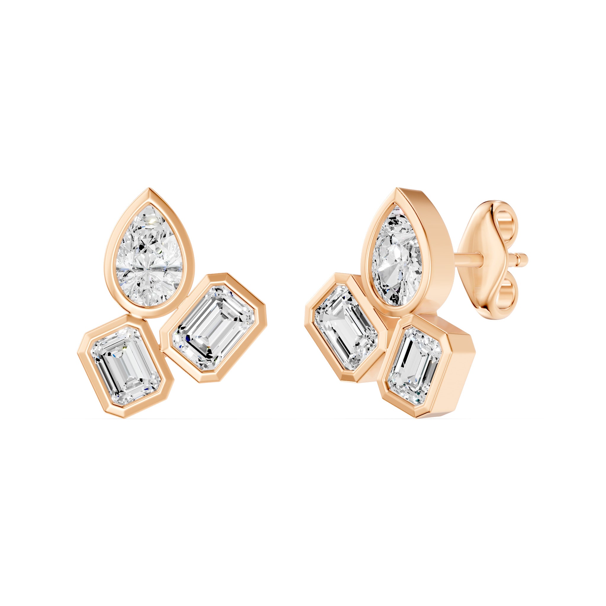 Frame Bezel Pear Emerald Trio Stud Earrings, lab-grown diamonds, 14K rose gold, angle view