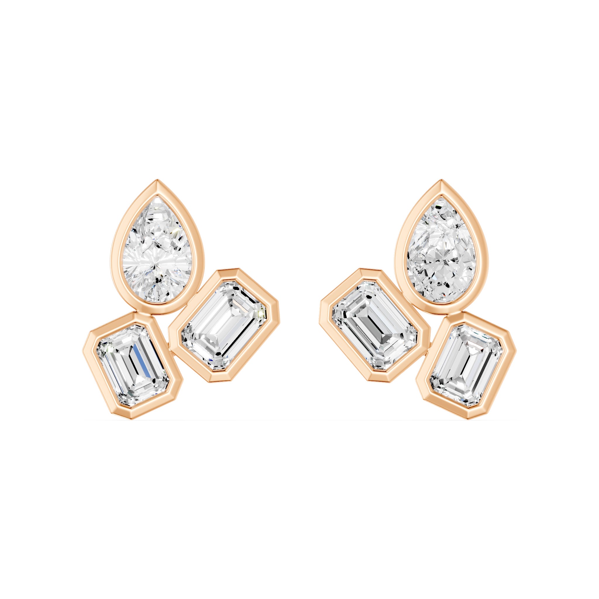 Frame Bezel Pear Emerald Trio Stud Earrings, lab-grown diamonds, 14K rose gold, front view