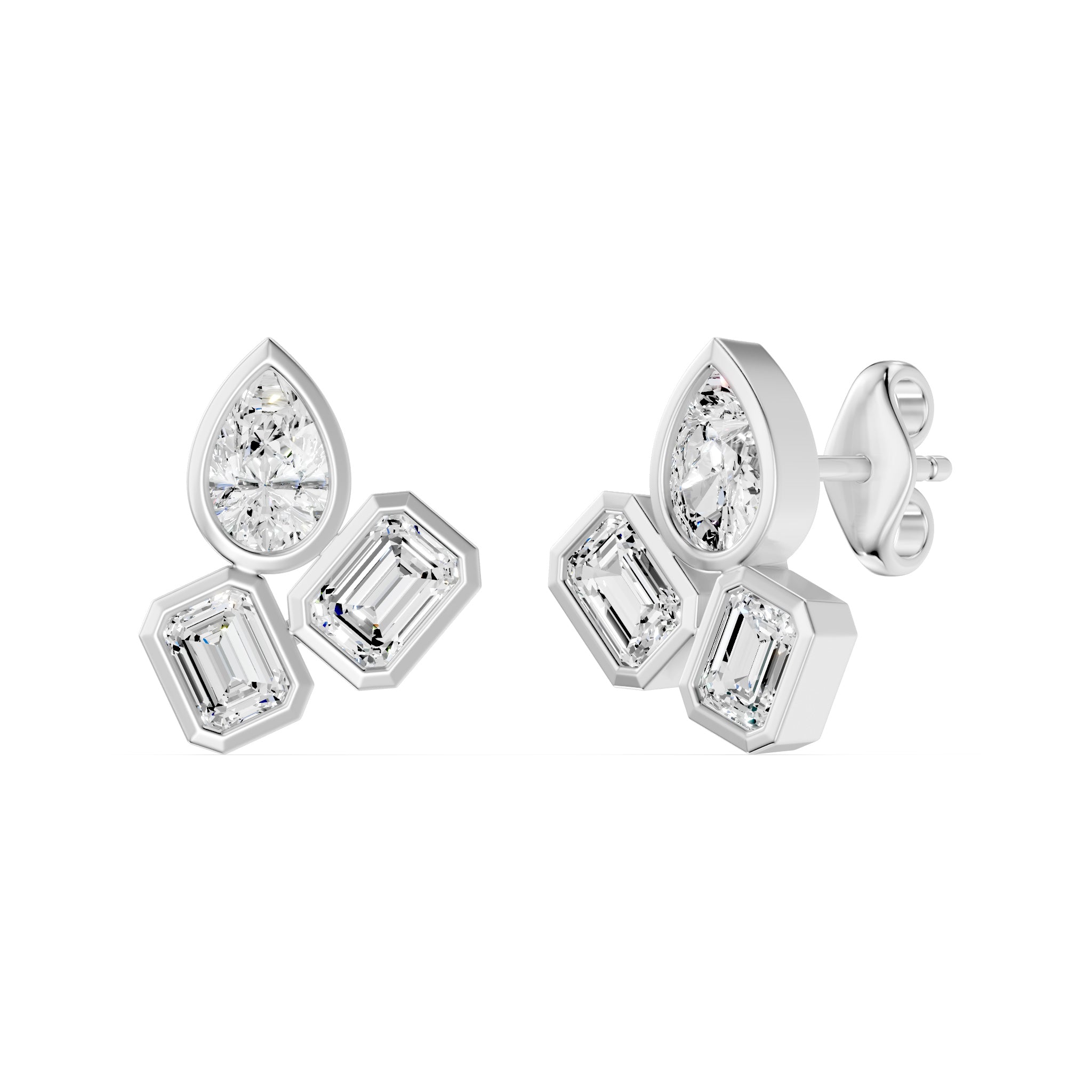 Frame Bezel Pear Emerald Trio Stud Earrings, lab-grown diamonds, 14K white gold, angle view