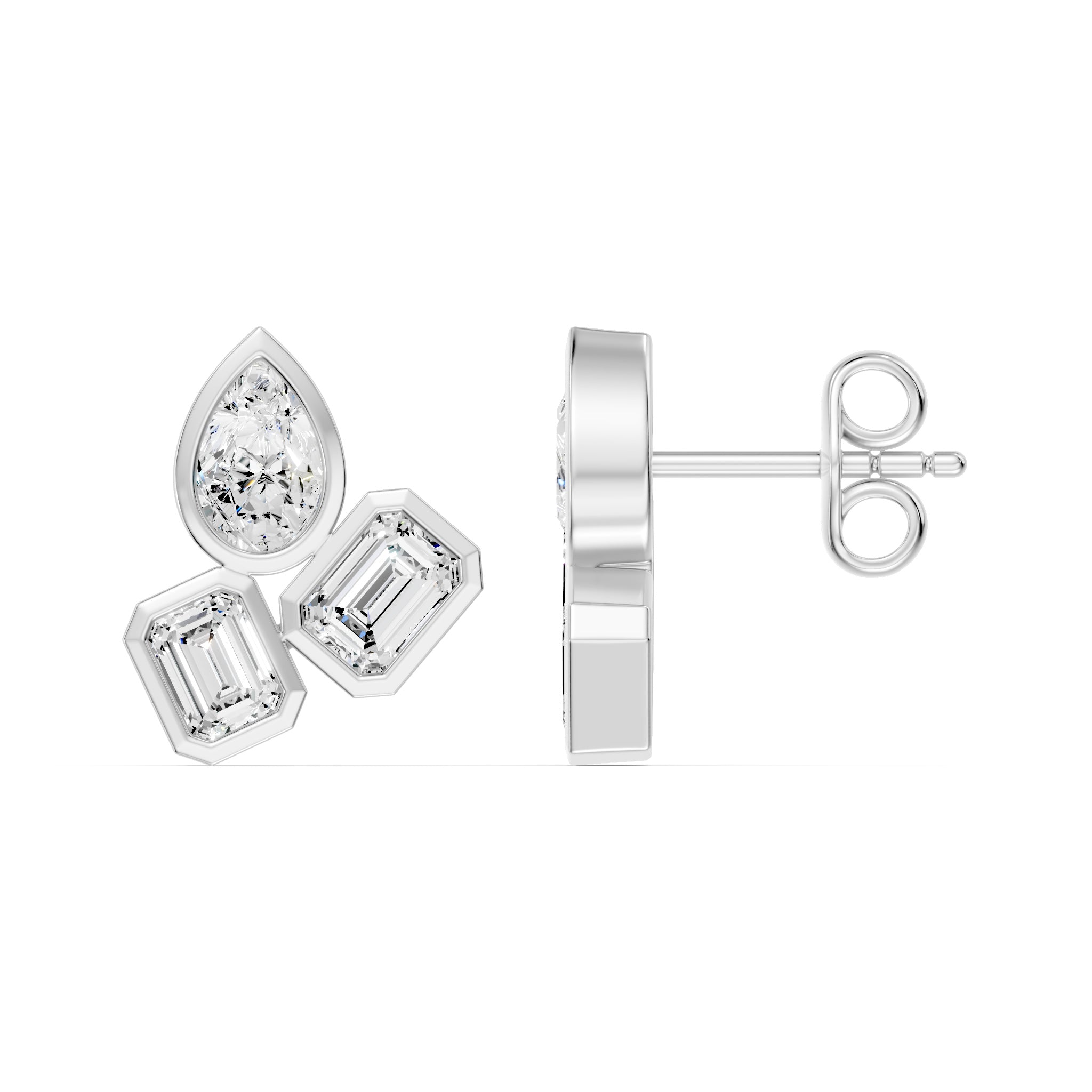 Frame Bezel Pear Emerald Trio Stud Earrings, lab-grown diamonds, 14K white gold, side view
