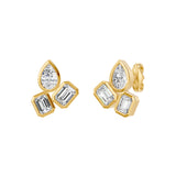 Frame Bezel Pear Emerald Trio Stud Earrings, lab-grown diamonds, 14K yellow gold, front view