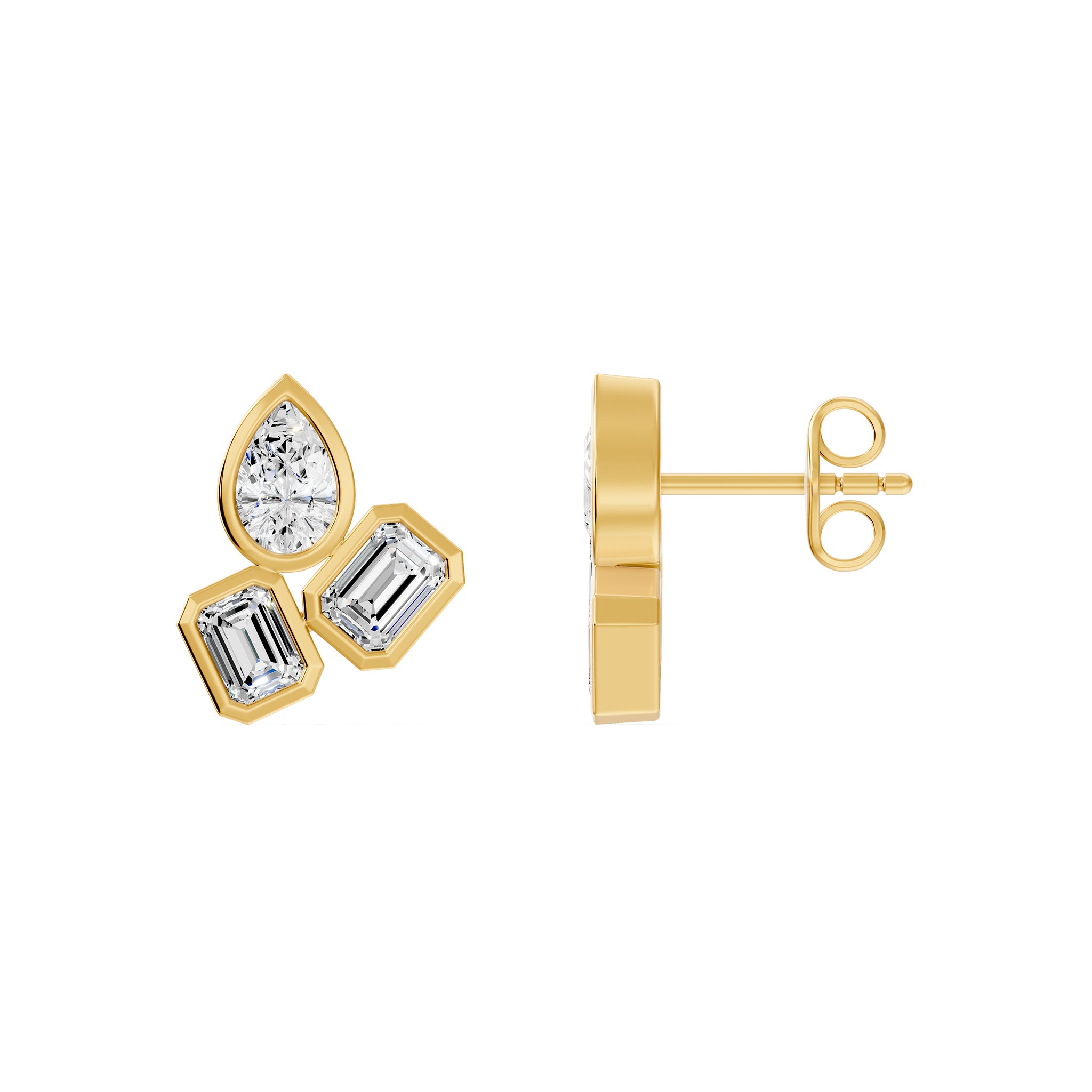Frame Bezel Pear Emerald Trio Stud Earrings, lab-grown diamonds, 14K yellow gold, side view
