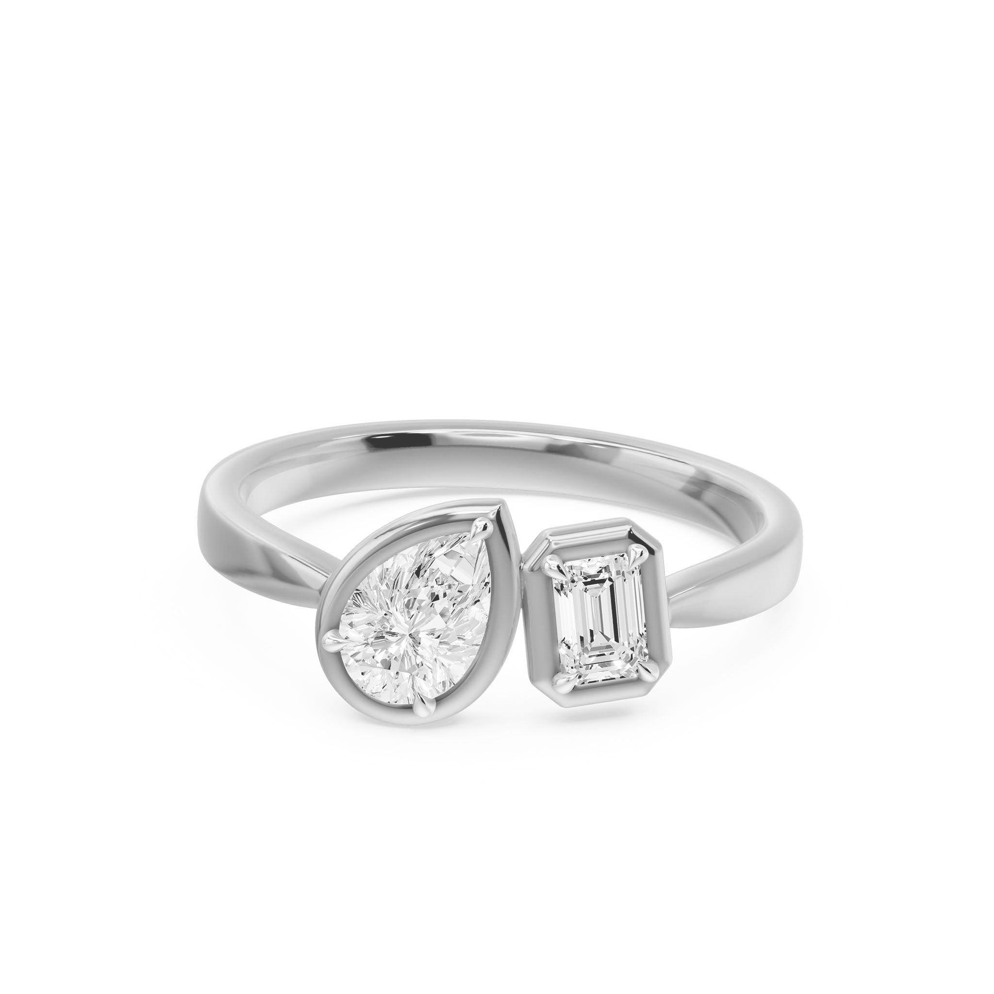 Frame Bezel Pear Emerald Two Stone Ring, lab-grown diamonds, 14K white gold, angle view