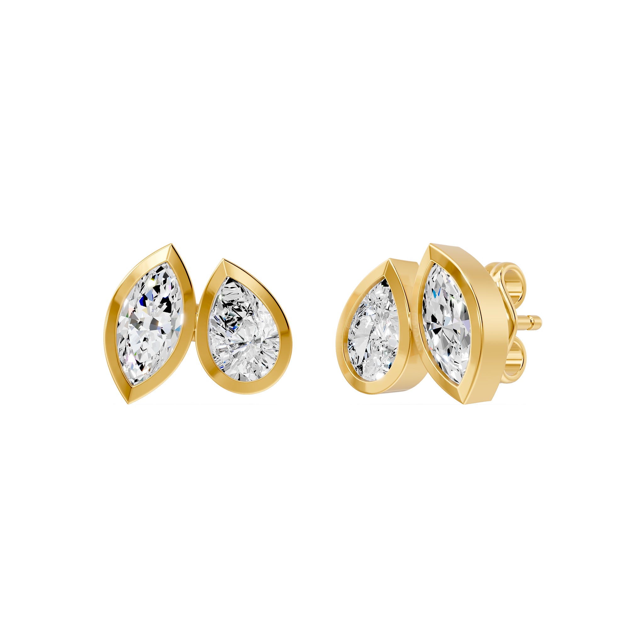 Frame Bezel Pear Marquise Duo Stud Earrings, lab-grown diamonds, 14K yellow gold, front view