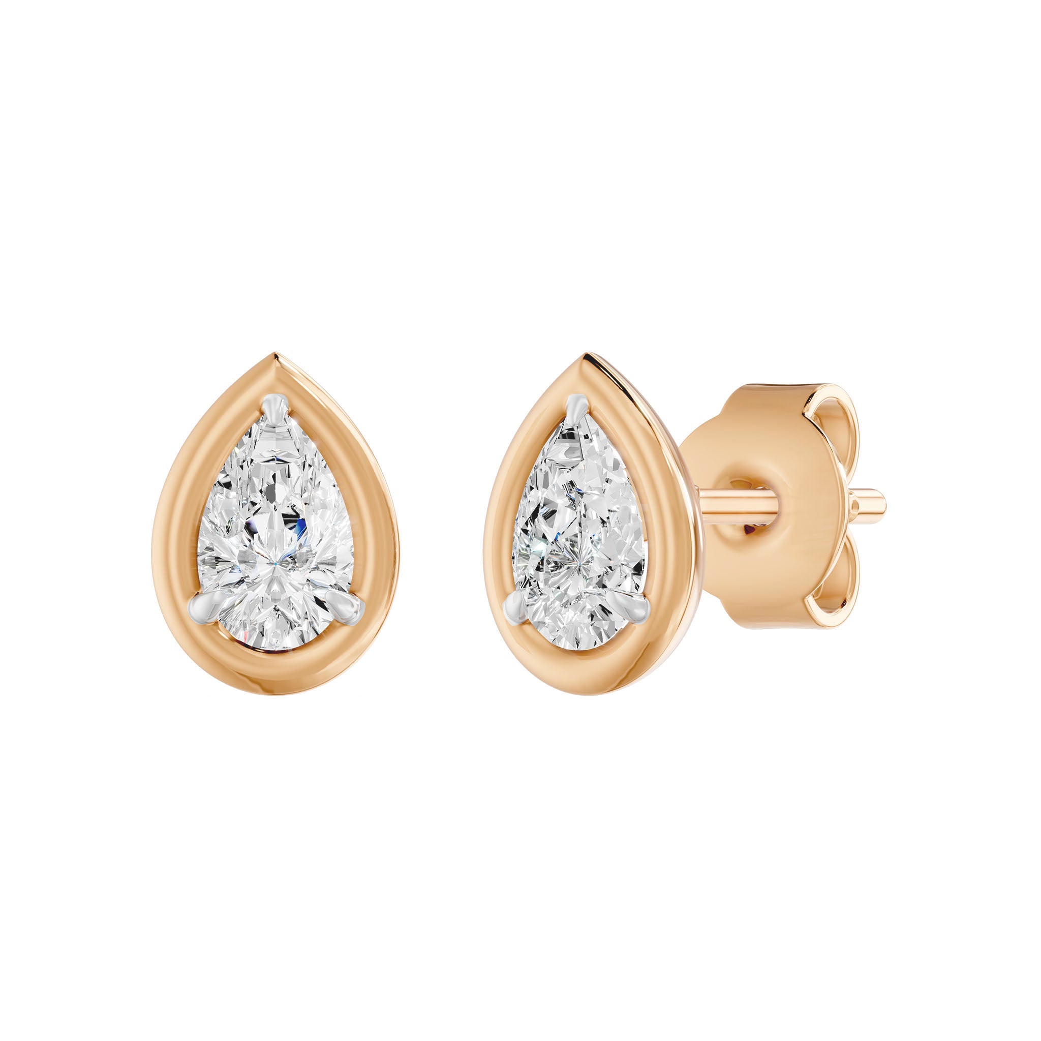 Frame Bezel Pear Solitaire Stud Earrings, lab-grown diamonds, 14K rose gold, angle view